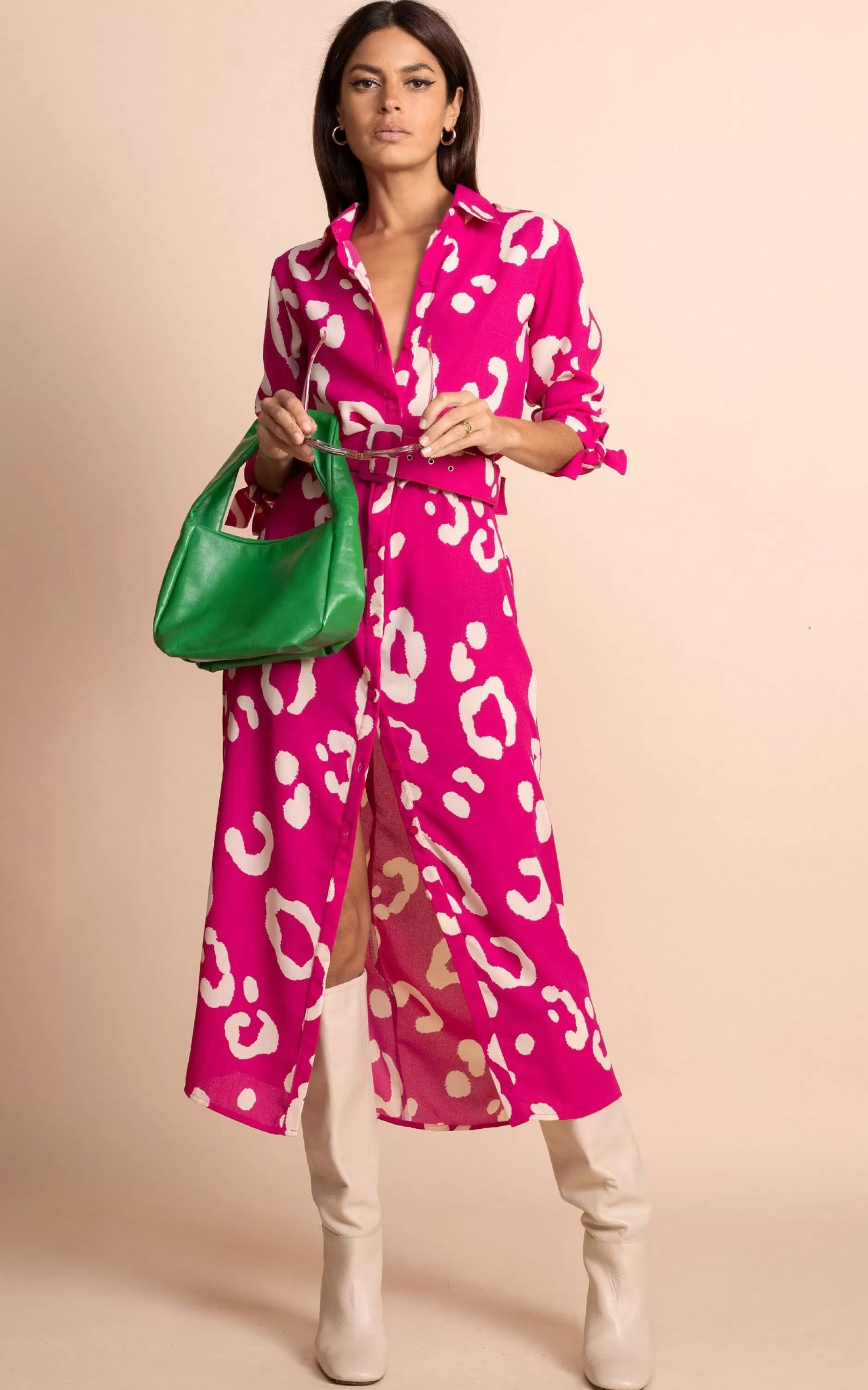 Dancing Leopard Alva Midi Shirt Dress In Oversized Leopard Cream On Magenta>Women Dresses