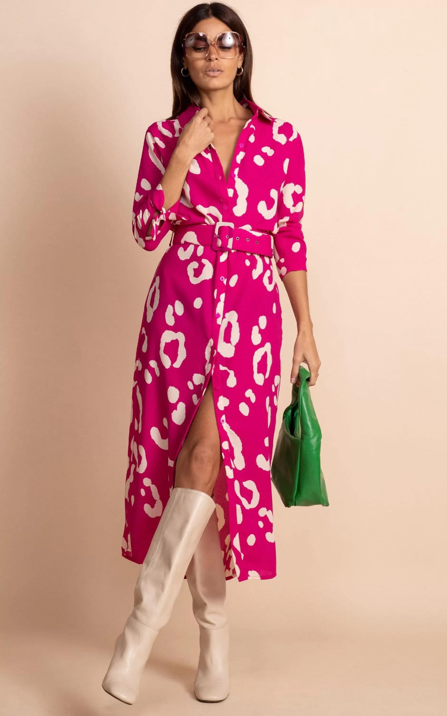 Dancing Leopard Alva Midi Shirt Dress In Oversized Leopard Cream On Magenta>Women Dresses