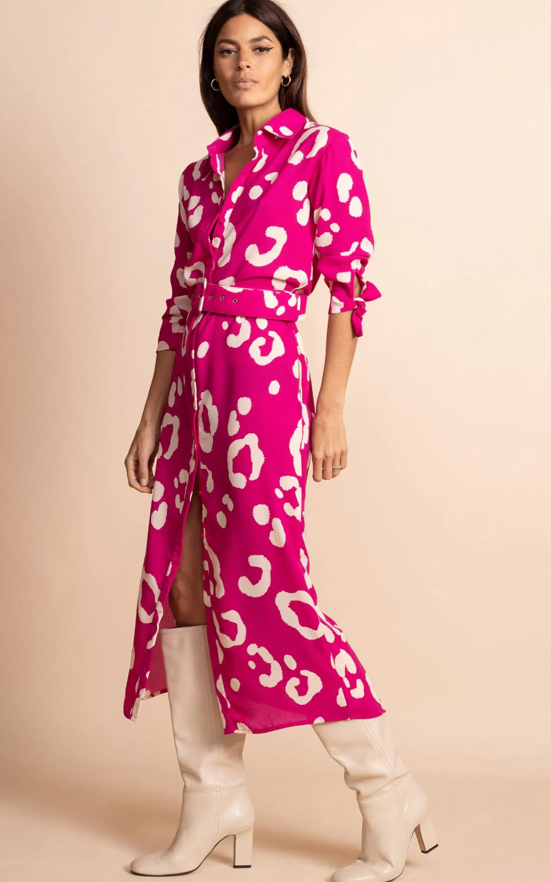 Dancing Leopard Alva Midi Shirt Dress In Oversized Leopard Cream On Magenta>Women Dresses