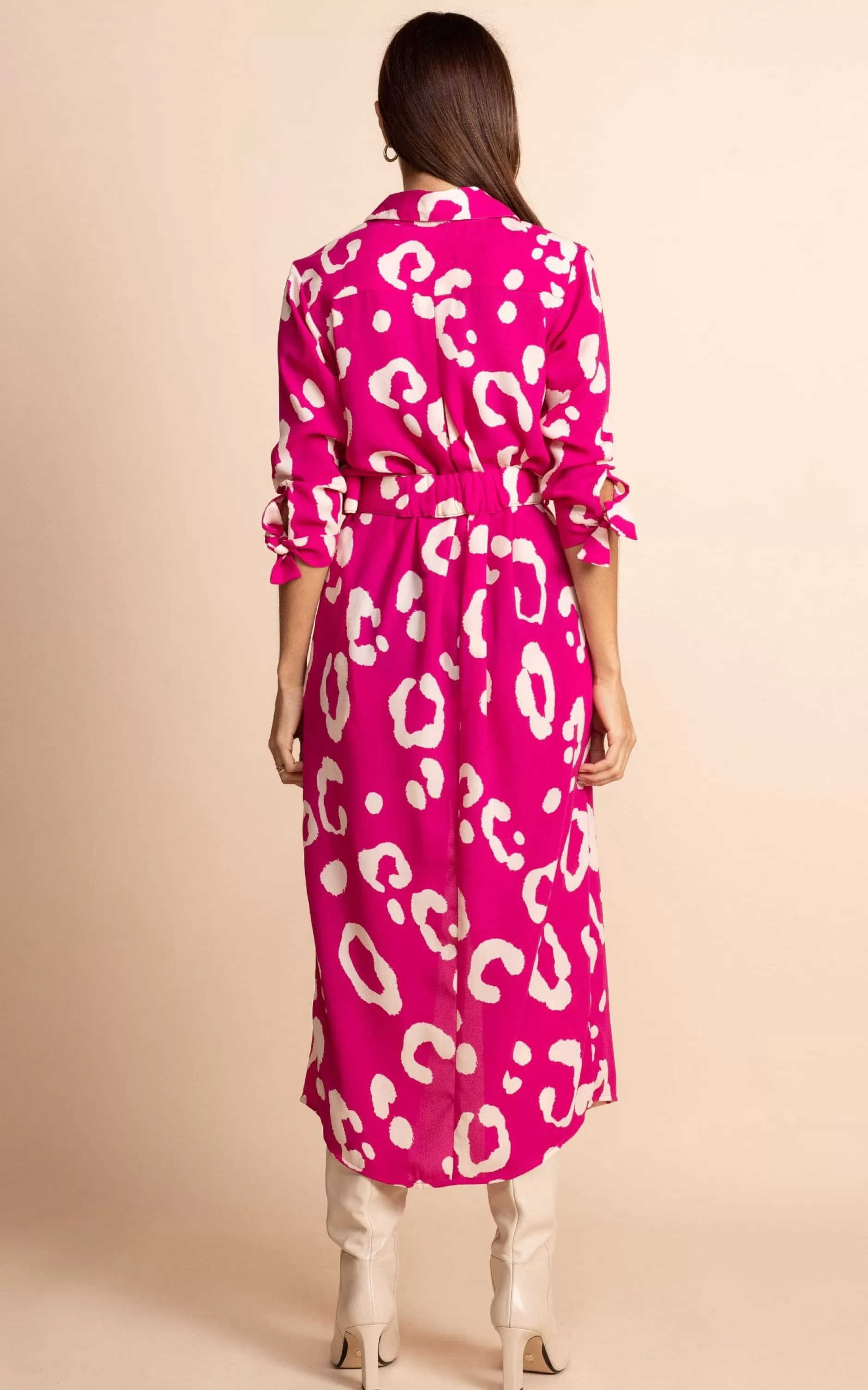 Dancing Leopard Alva Midi Shirt Dress In Oversized Leopard Cream On Magenta>Women Dresses
