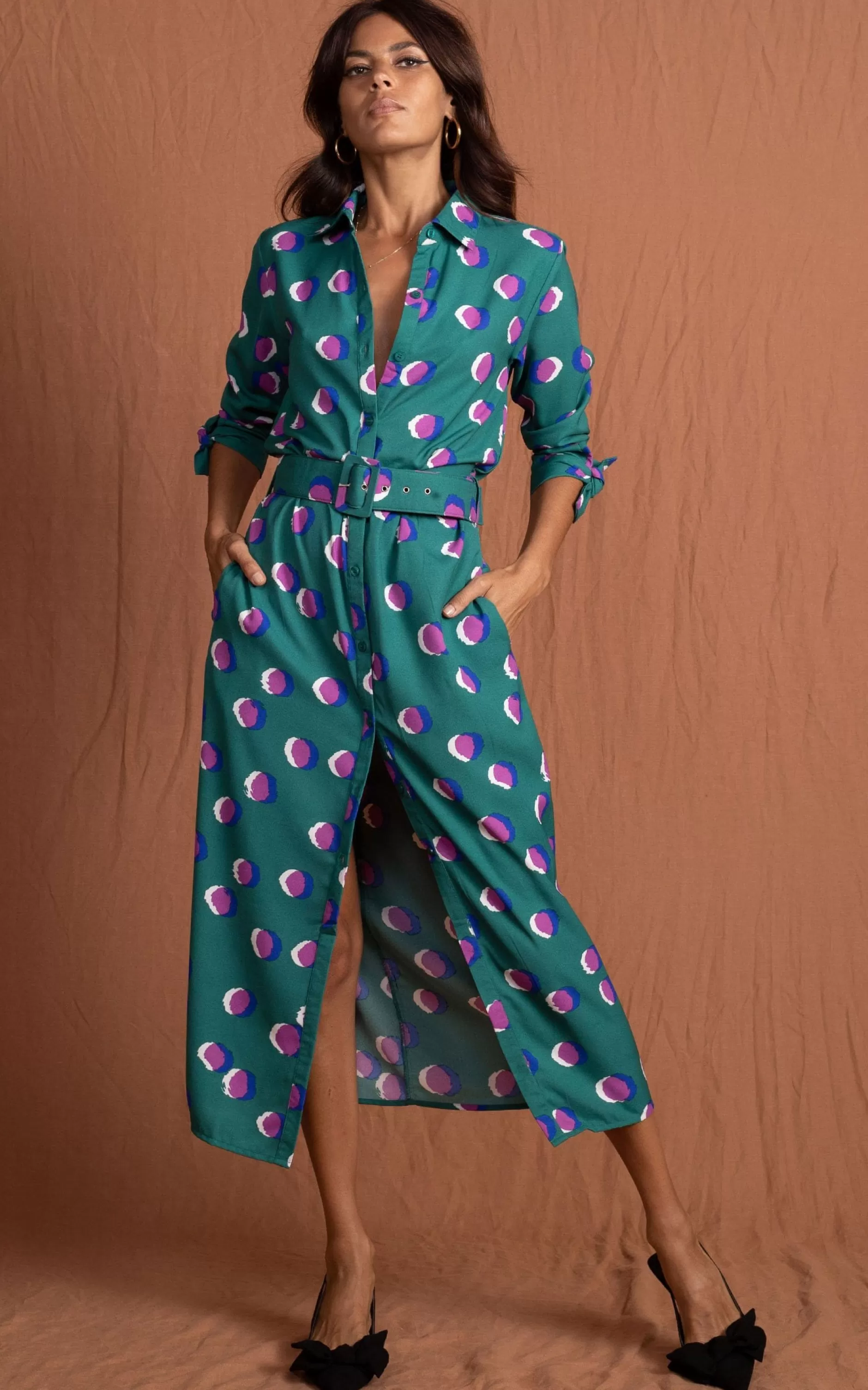 Dancing Leopard Alva Midi Shirt Dress In Polka Dot Purple On Green>Women Dresses