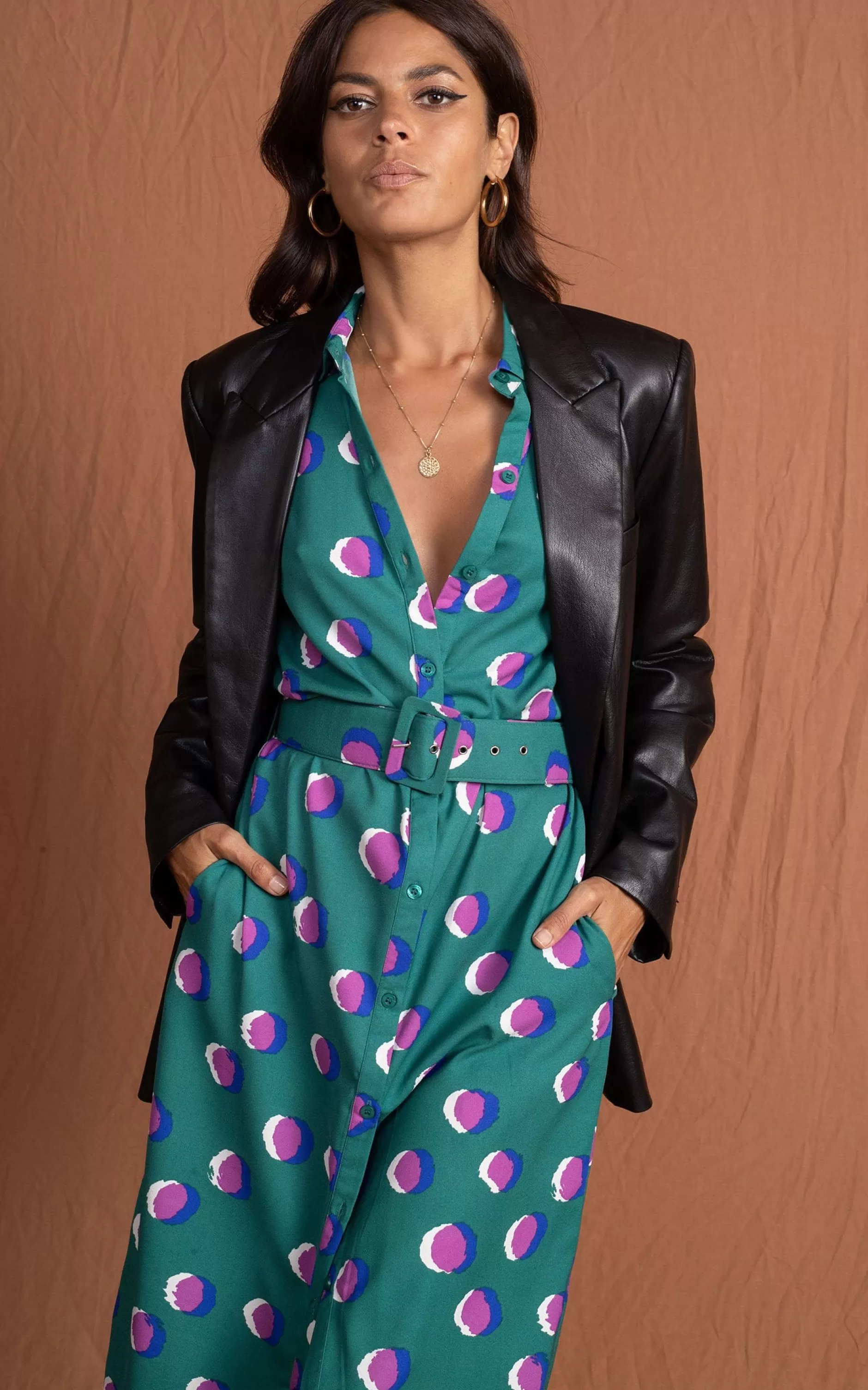 Dancing Leopard Alva Midi Shirt Dress In Polka Dot Purple On Green>Women Dresses