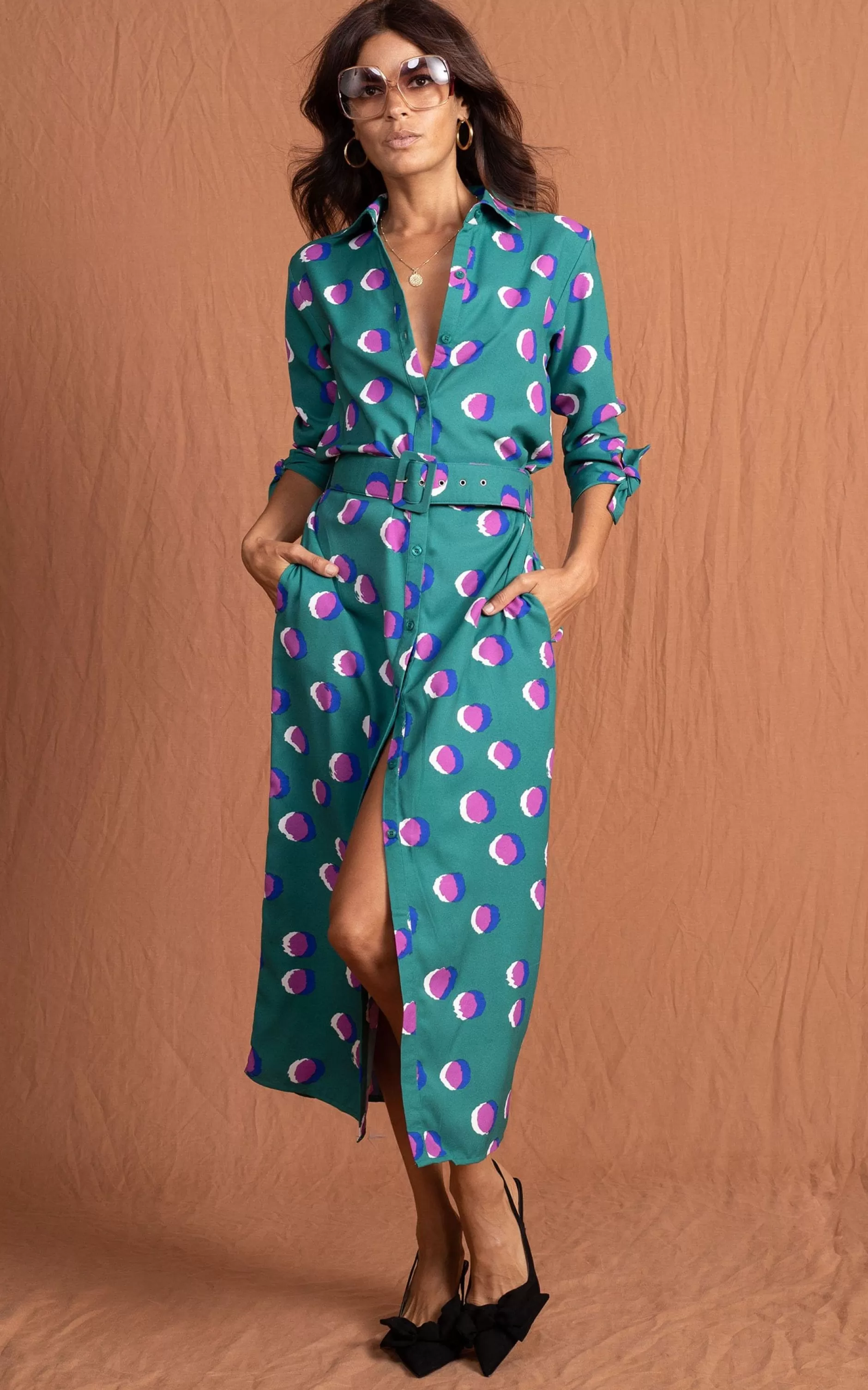 Dancing Leopard Alva Midi Shirt Dress In Polka Dot Purple On Green>Women Dresses