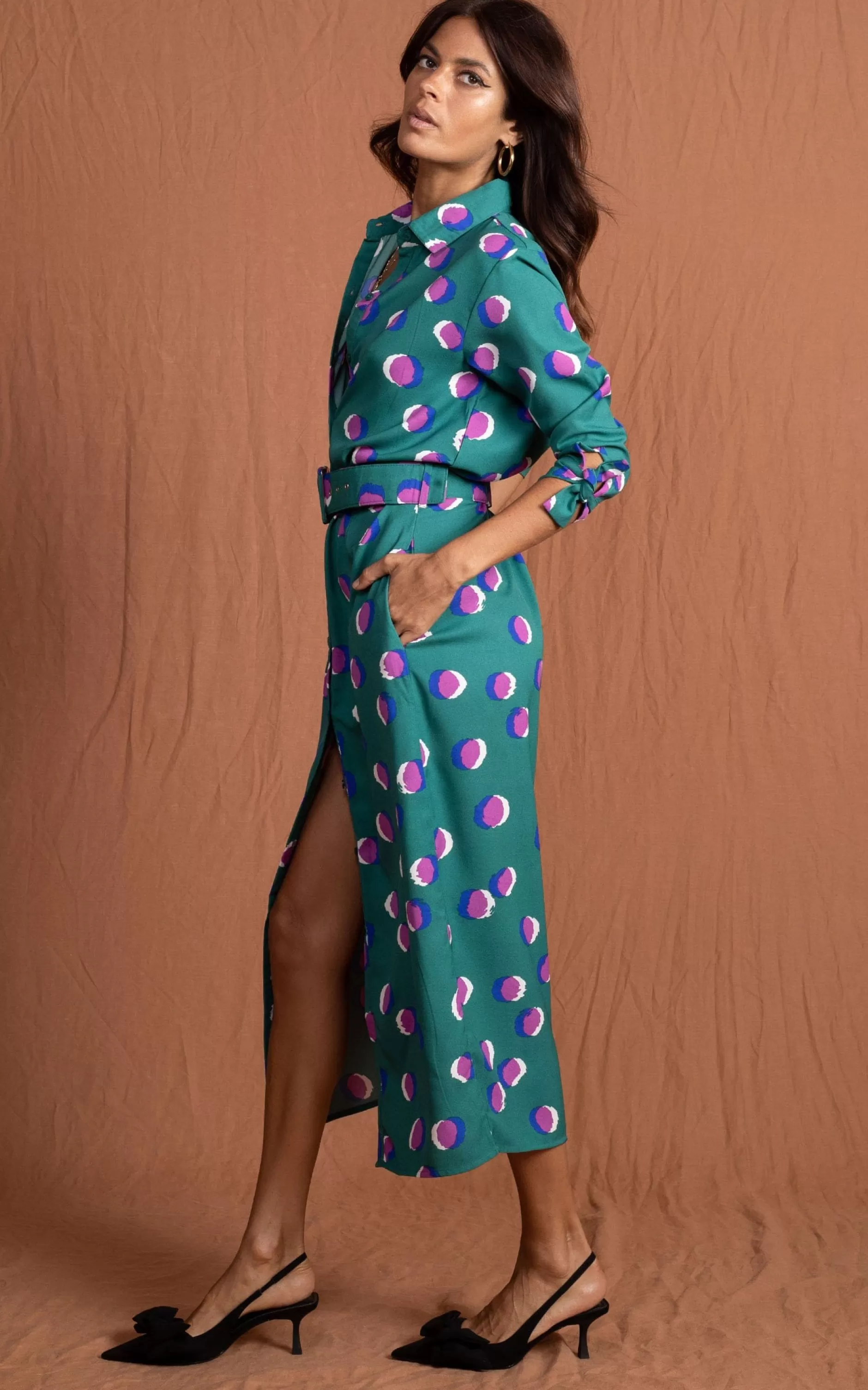 Dancing Leopard Alva Midi Shirt Dress In Polka Dot Purple On Green>Women Dresses