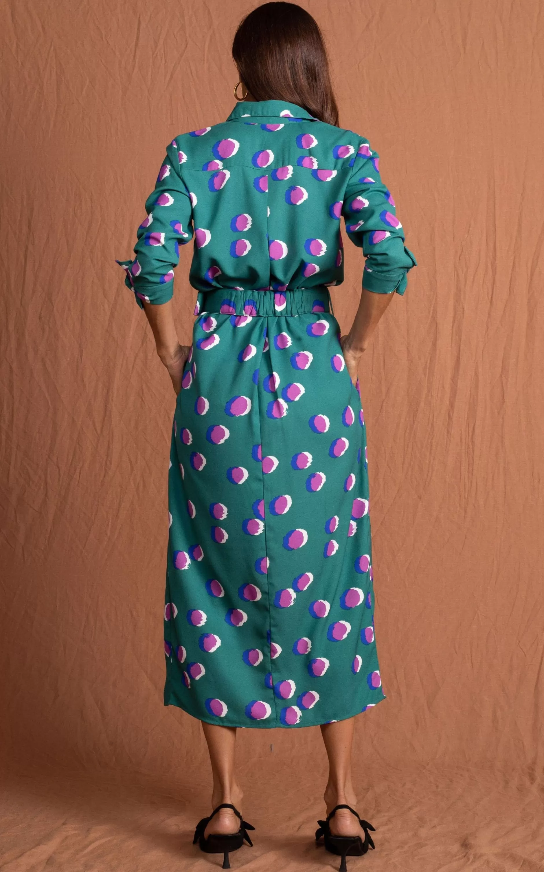 Dancing Leopard Alva Midi Shirt Dress In Polka Dot Purple On Green>Women Dresses