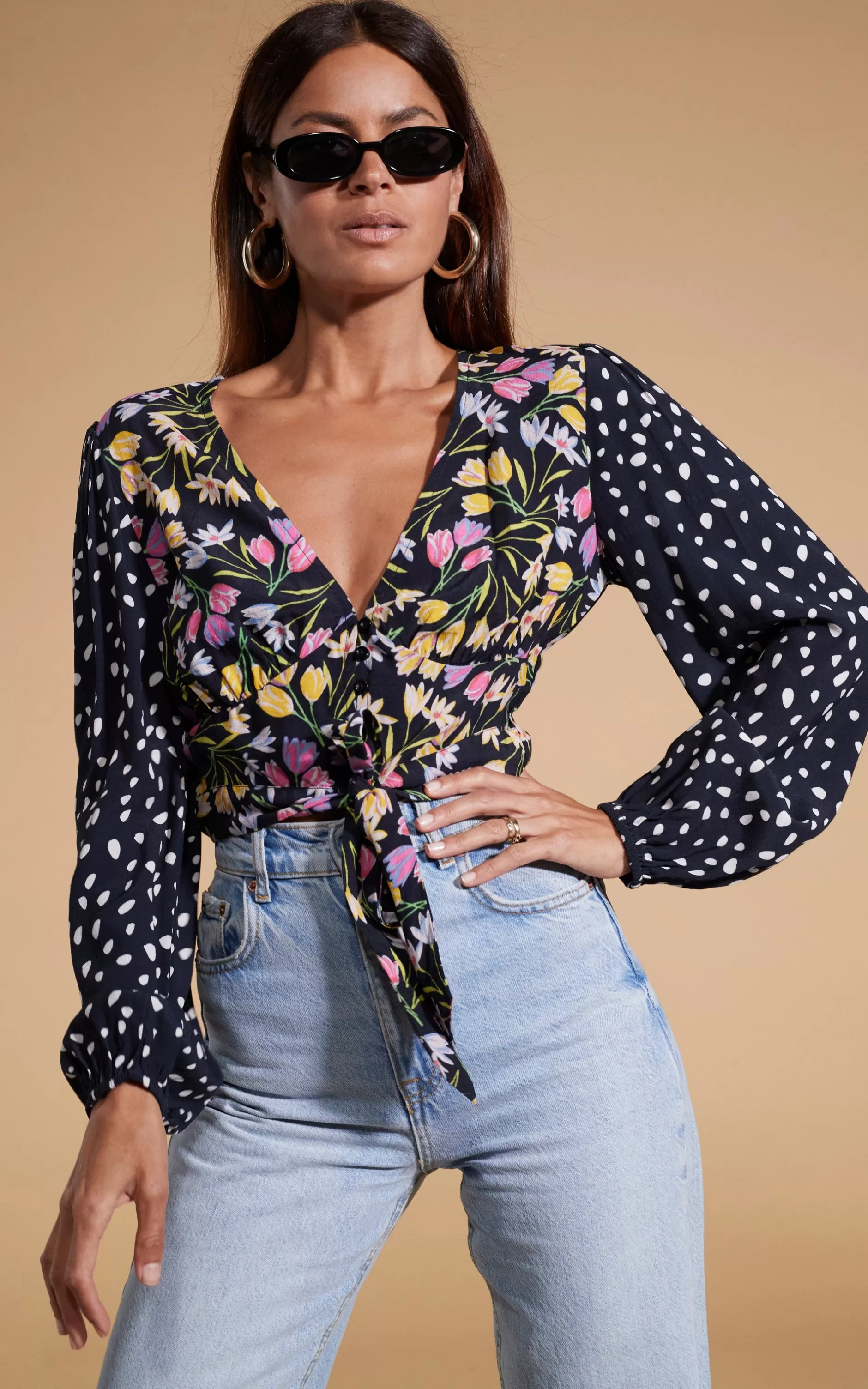 Dancing Leopard Betsy Tie Front Top In Citrus Tulip And Odd Dot Mix>Women Tops