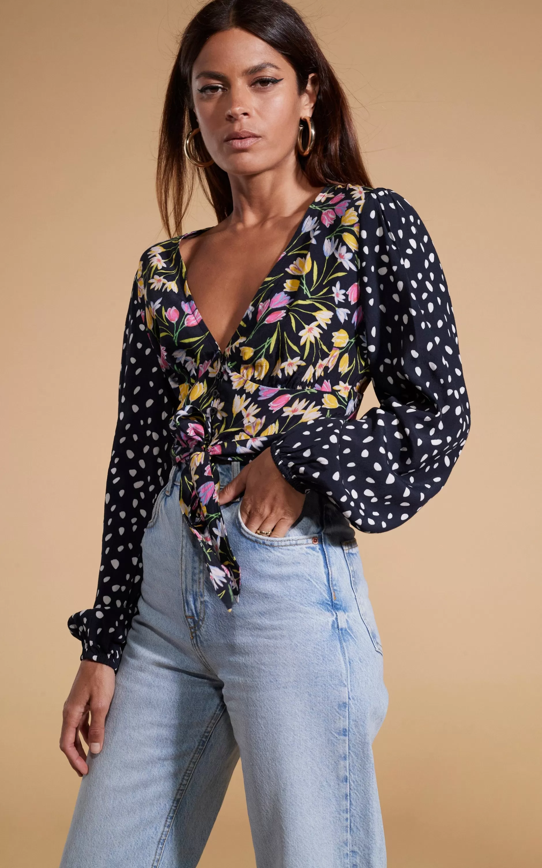 Dancing Leopard Betsy Tie Front Top In Citrus Tulip And Odd Dot Mix>Women Tops