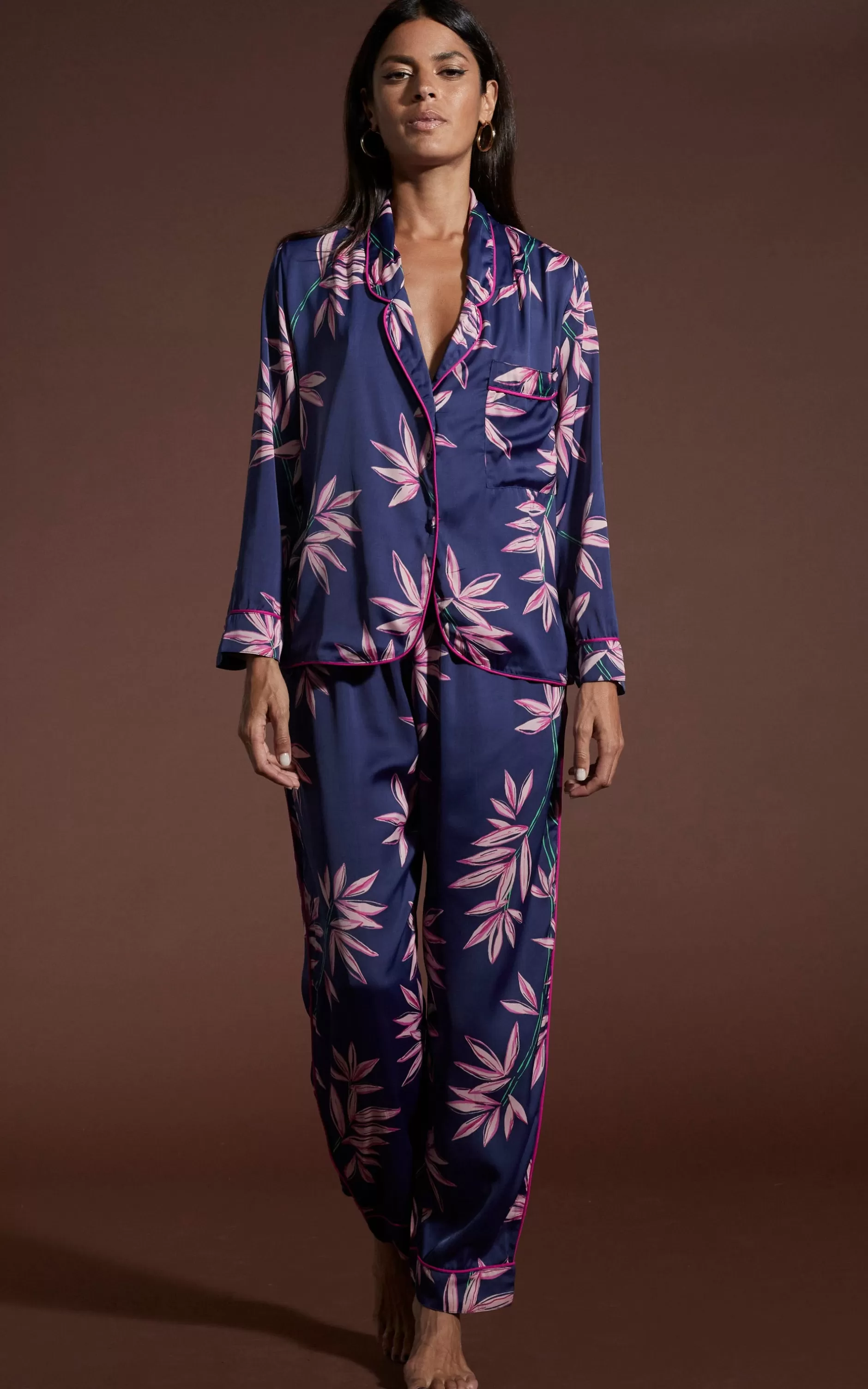 Dancing Leopard Cosmos Satin Long Leg Pj Set In Bamboo Navy Base>Women Pyjamas