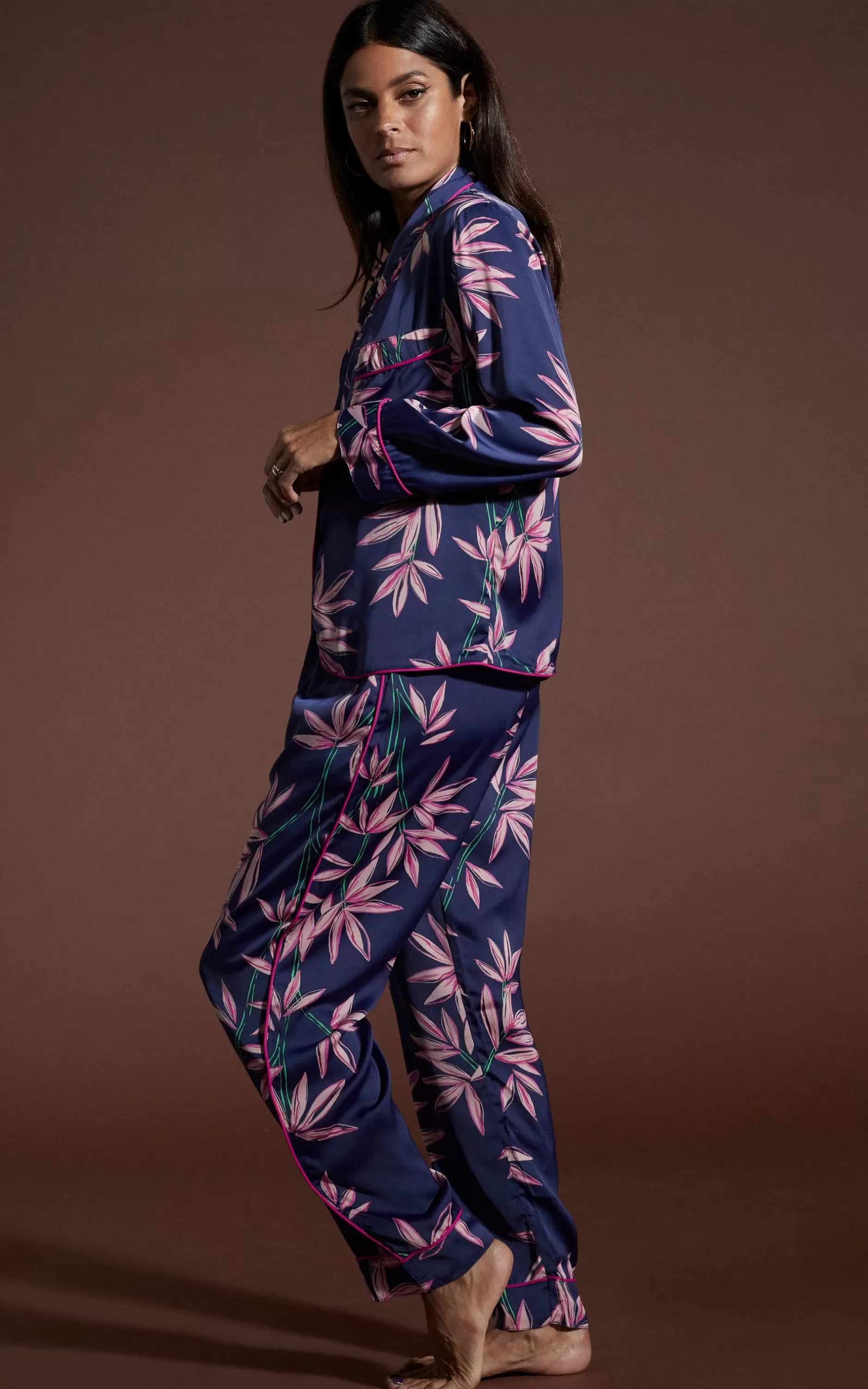 Dancing Leopard Cosmos Satin Long Leg Pj Set In Bamboo Navy Base>Women Pyjamas