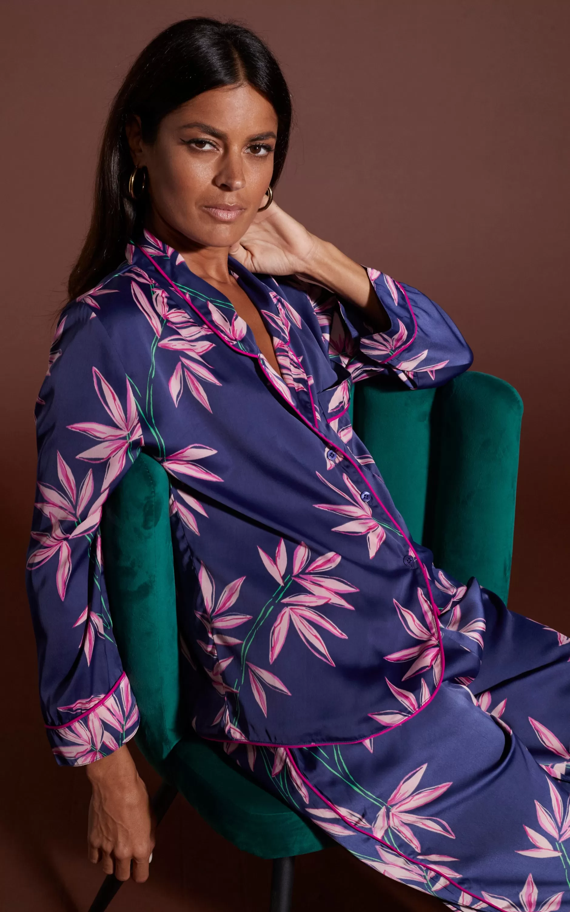 Dancing Leopard Cosmos Satin Long Leg Pj Set In Bamboo Navy Base>Women Pyjamas