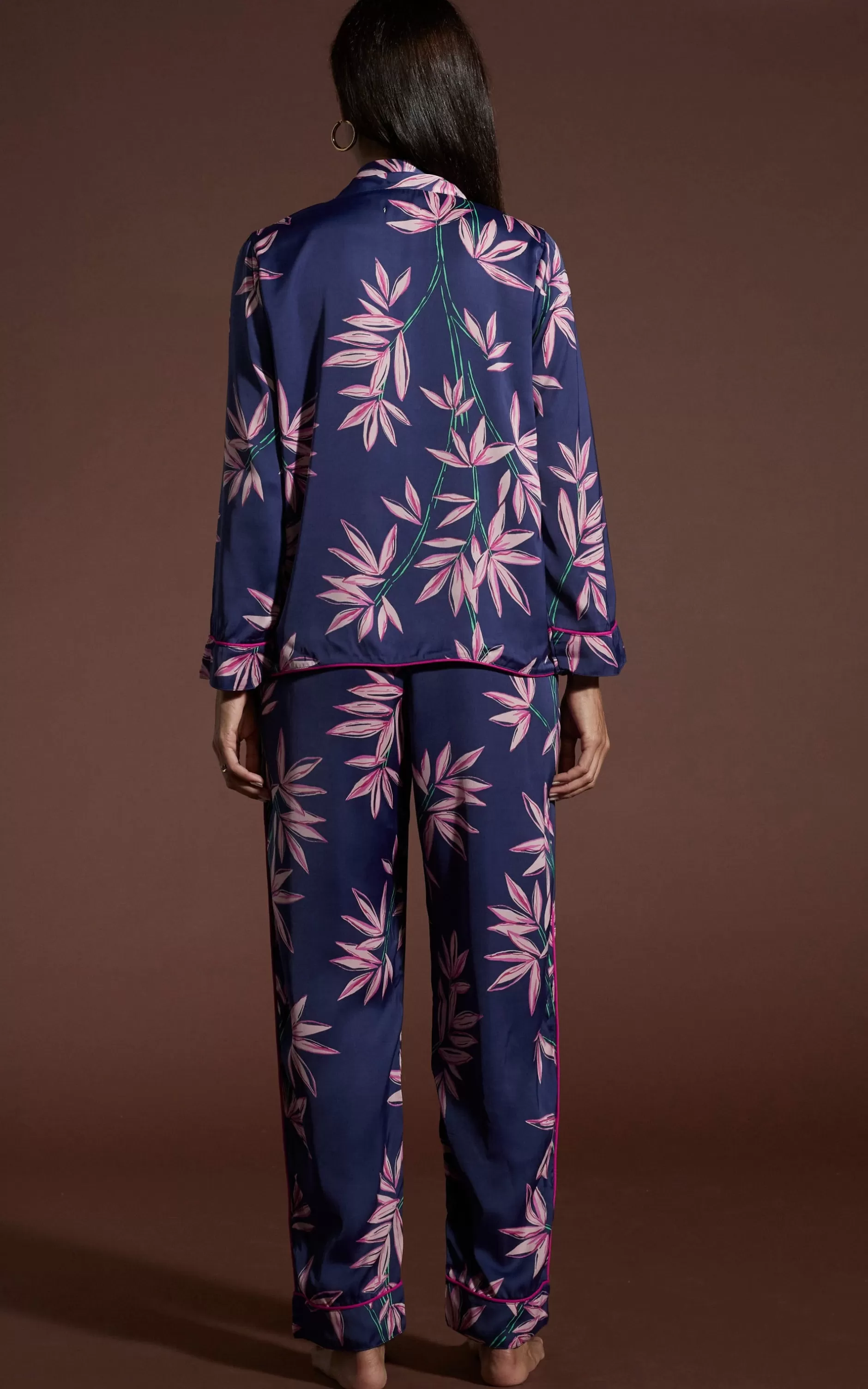 Dancing Leopard Cosmos Satin Long Leg Pj Set In Bamboo Navy Base>Women Pyjamas