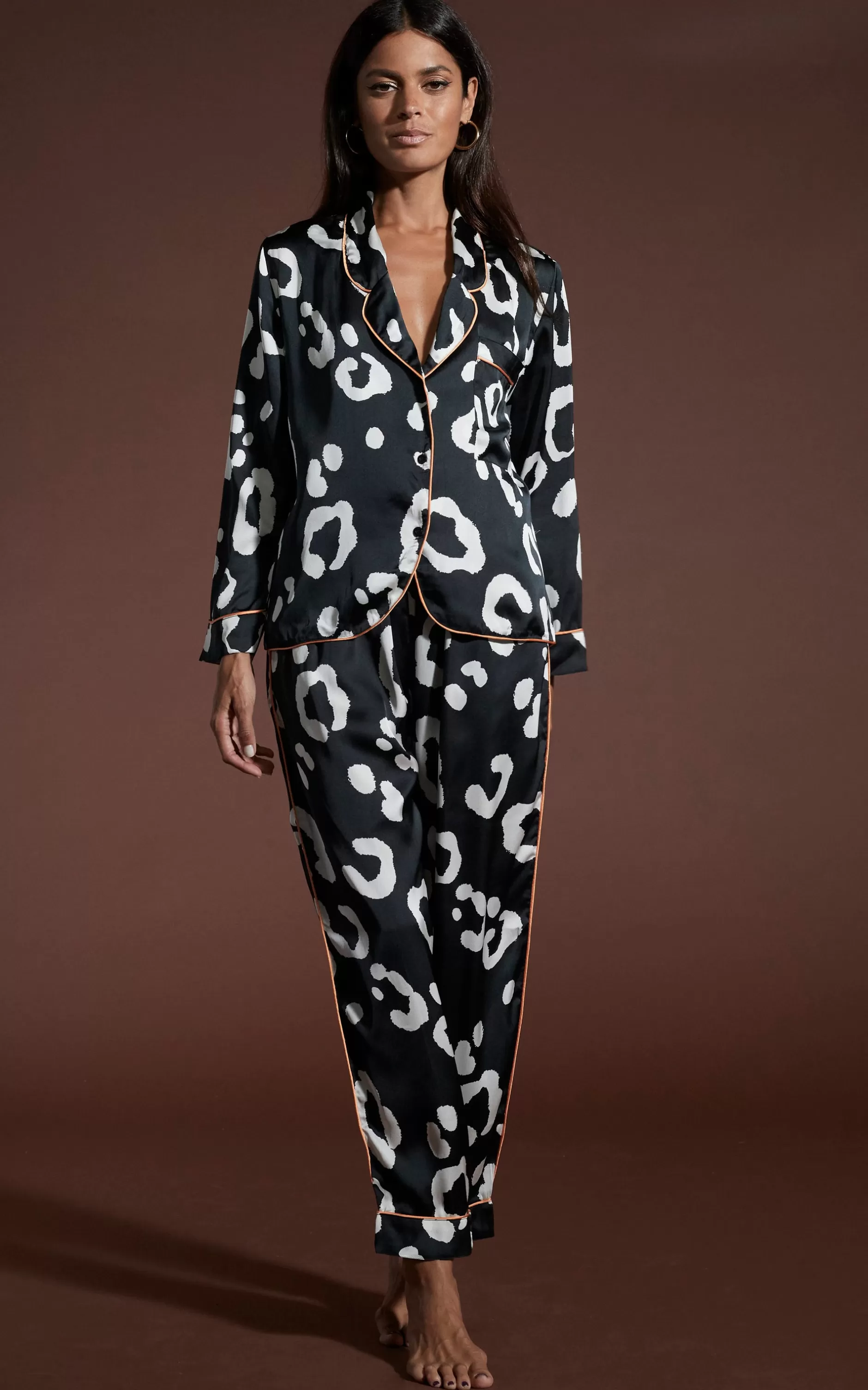 Dancing Leopard Cosmos Satin Long Leg Pj Set In Oversized Mono Leopard>Women Pyjamas