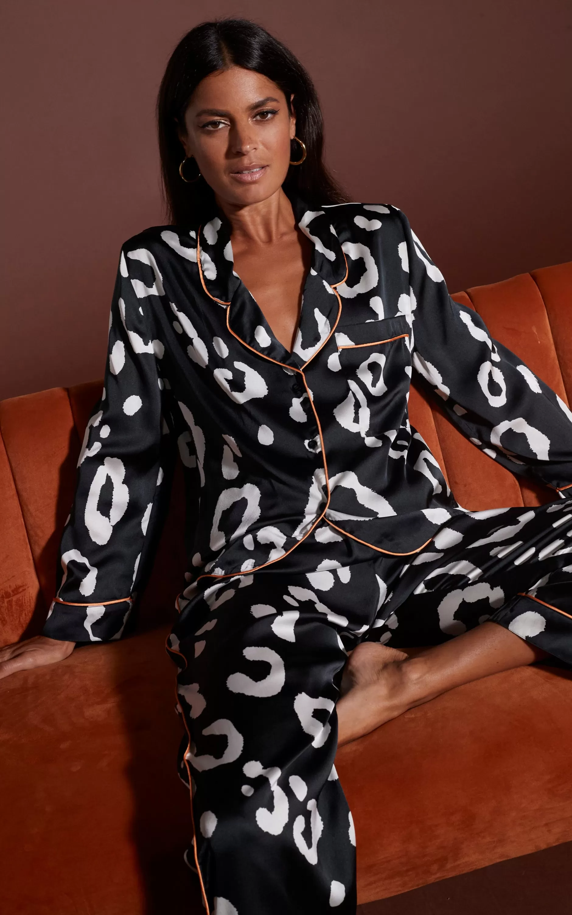 Dancing Leopard Cosmos Satin Long Leg Pj Set In Oversized Mono Leopard>Women Pyjamas