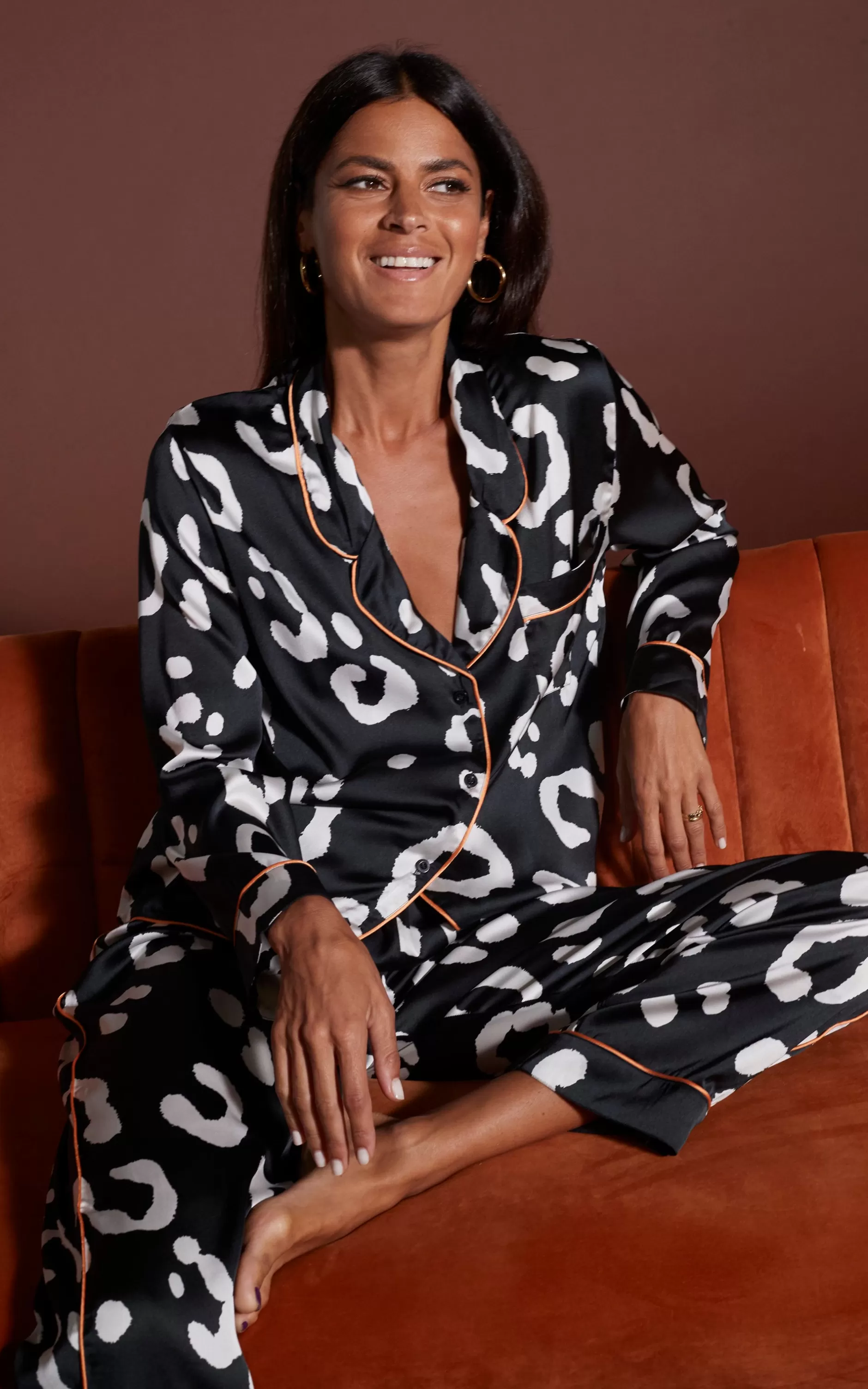 Dancing Leopard Cosmos Satin Long Leg Pj Set In Oversized Mono Leopard>Women Pyjamas