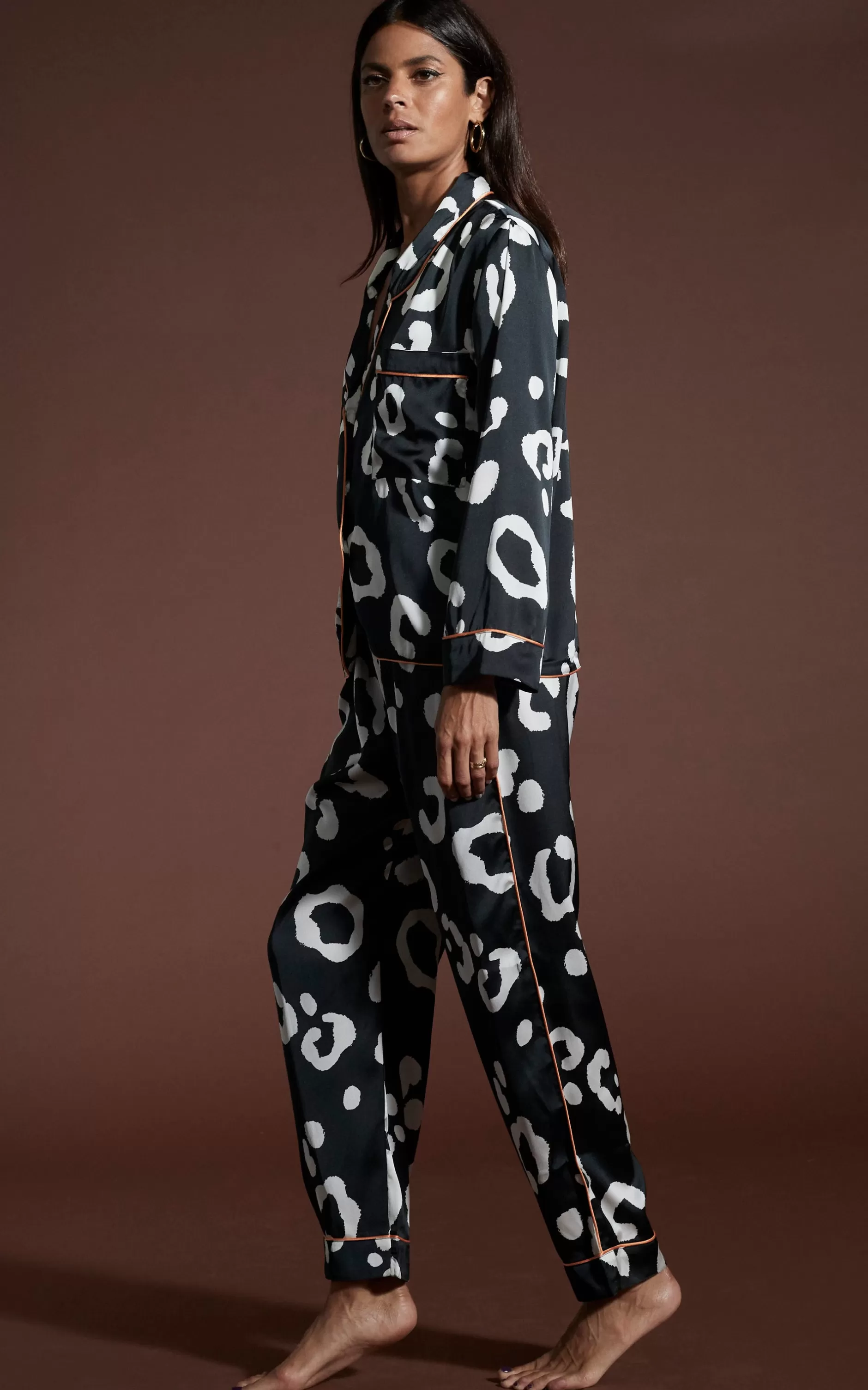 Dancing Leopard Cosmos Satin Long Leg Pj Set In Oversized Mono Leopard>Women Pyjamas