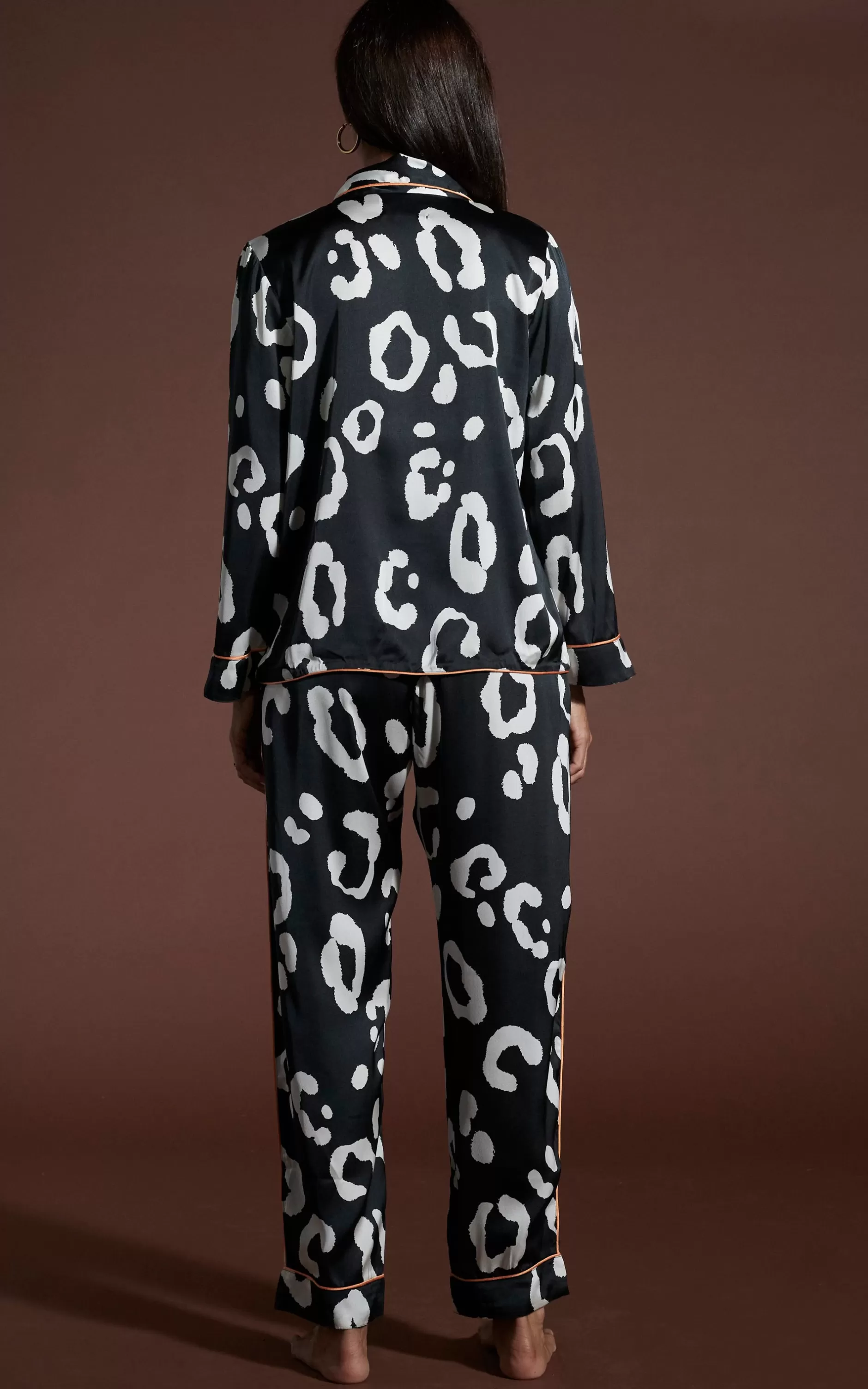 Dancing Leopard Cosmos Satin Long Leg Pj Set In Oversized Mono Leopard>Women Pyjamas