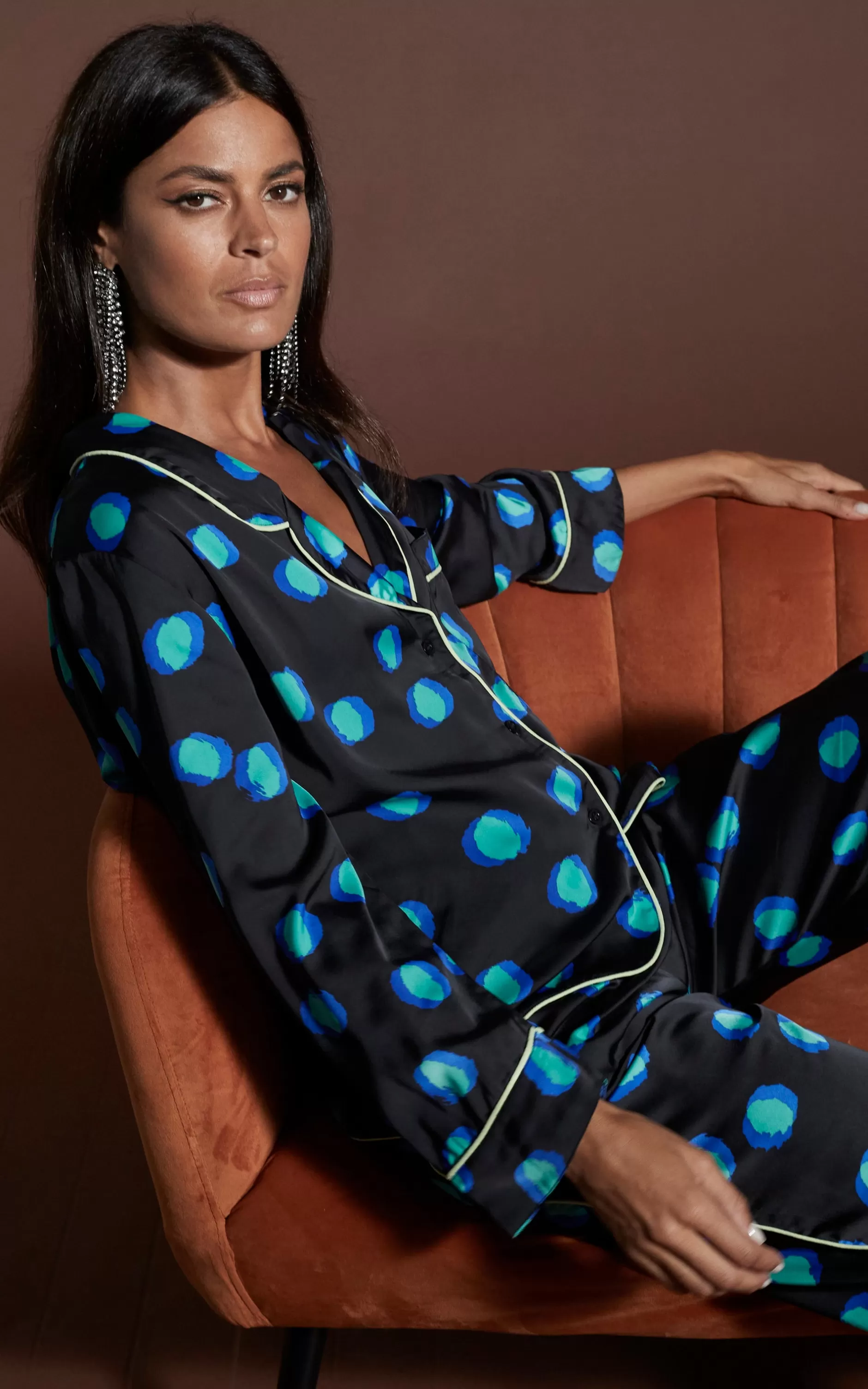 Dancing Leopard Cosmos Satin Long Leg Pj Set In Polka Dot Blue On Black>Women Pyjamas