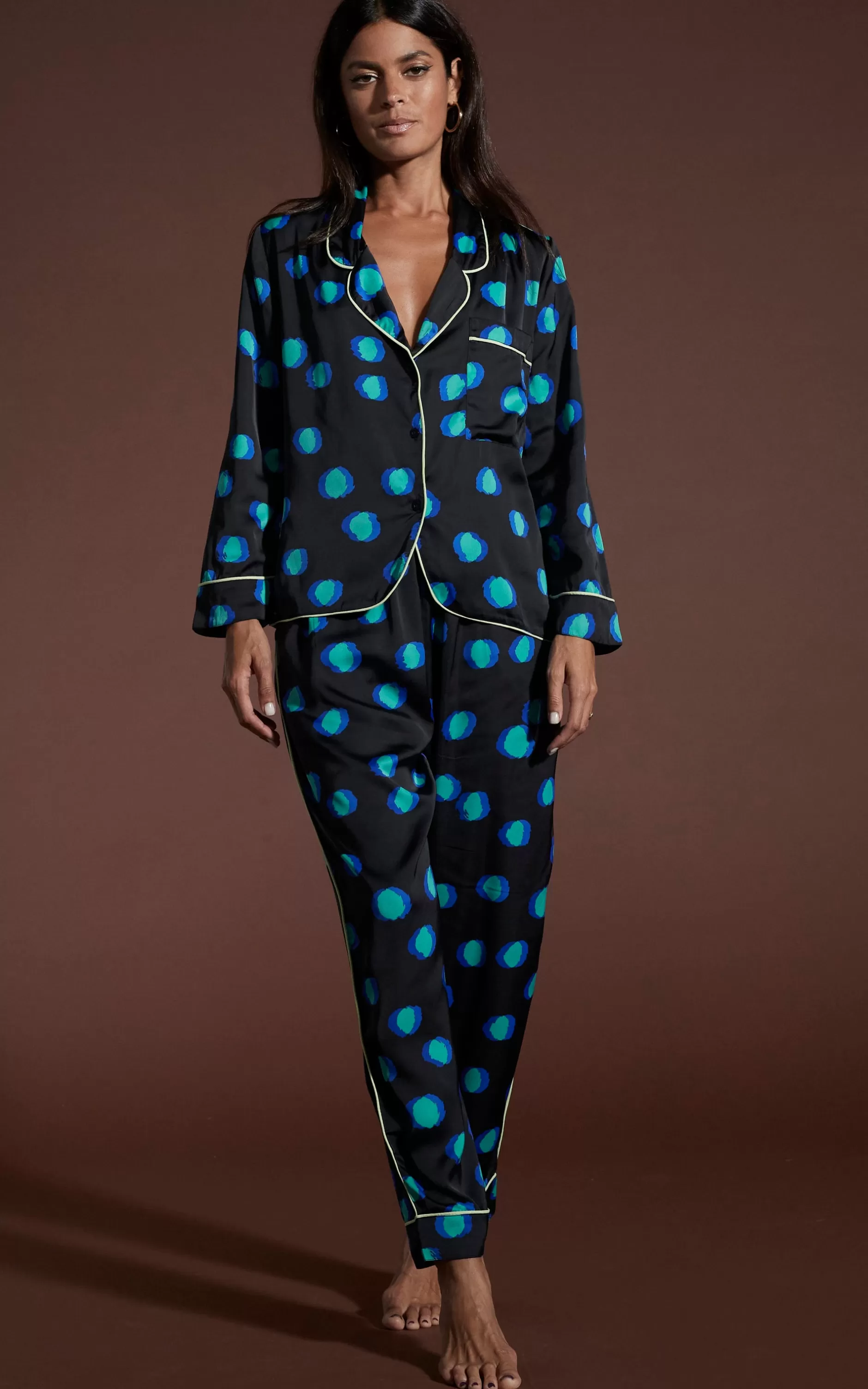 Dancing Leopard Cosmos Satin Long Leg Pj Set In Polka Dot Blue On Black>Women Pyjamas