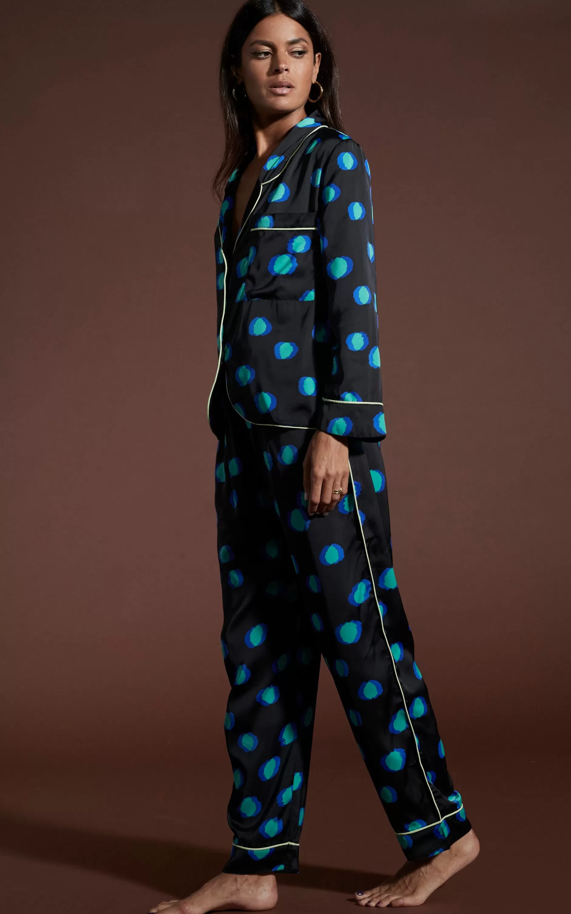 Dancing Leopard Cosmos Satin Long Leg Pj Set In Polka Dot Blue On Black>Women Pyjamas