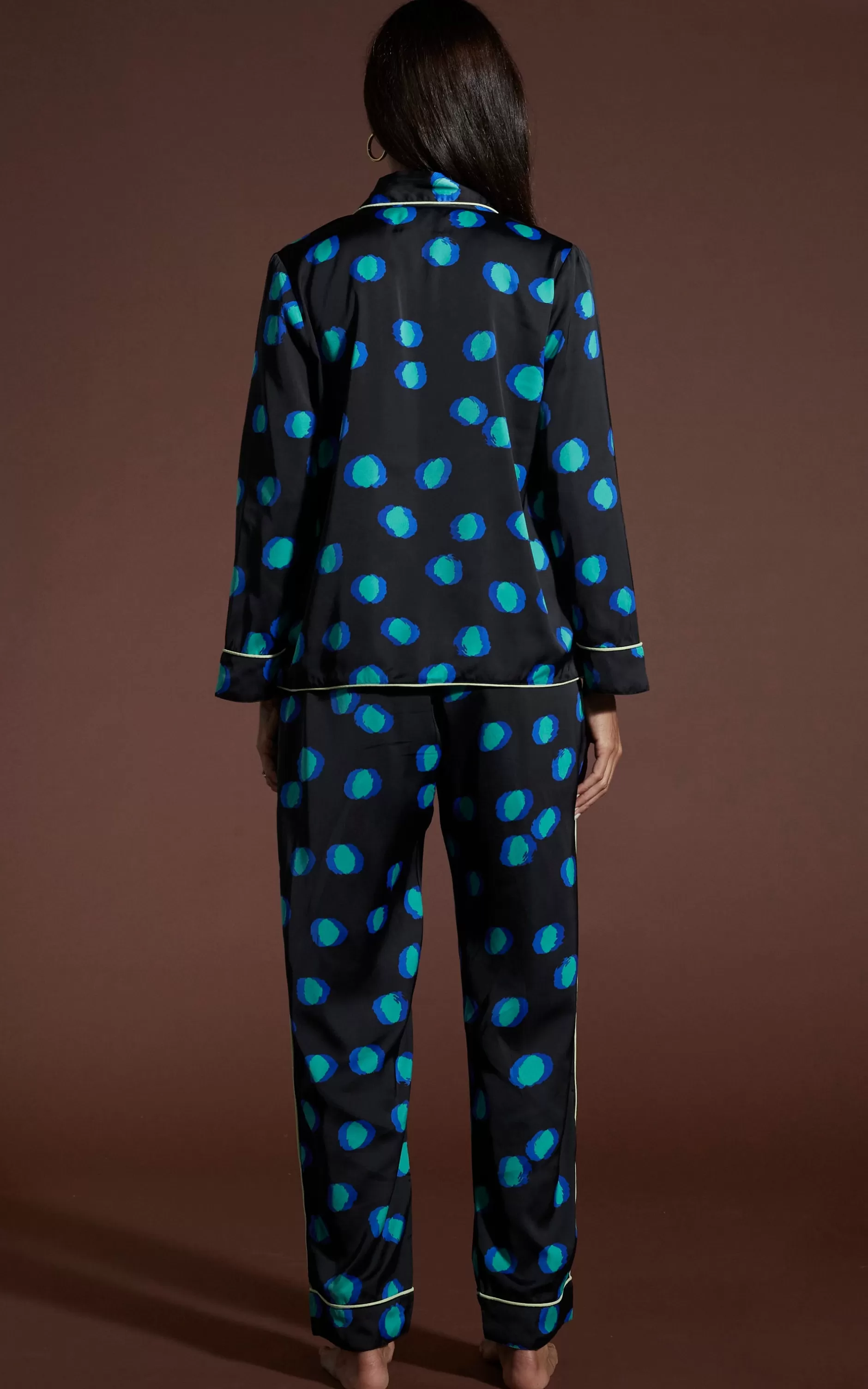 Dancing Leopard Cosmos Satin Long Leg Pj Set In Polka Dot Blue On Black>Women Pyjamas