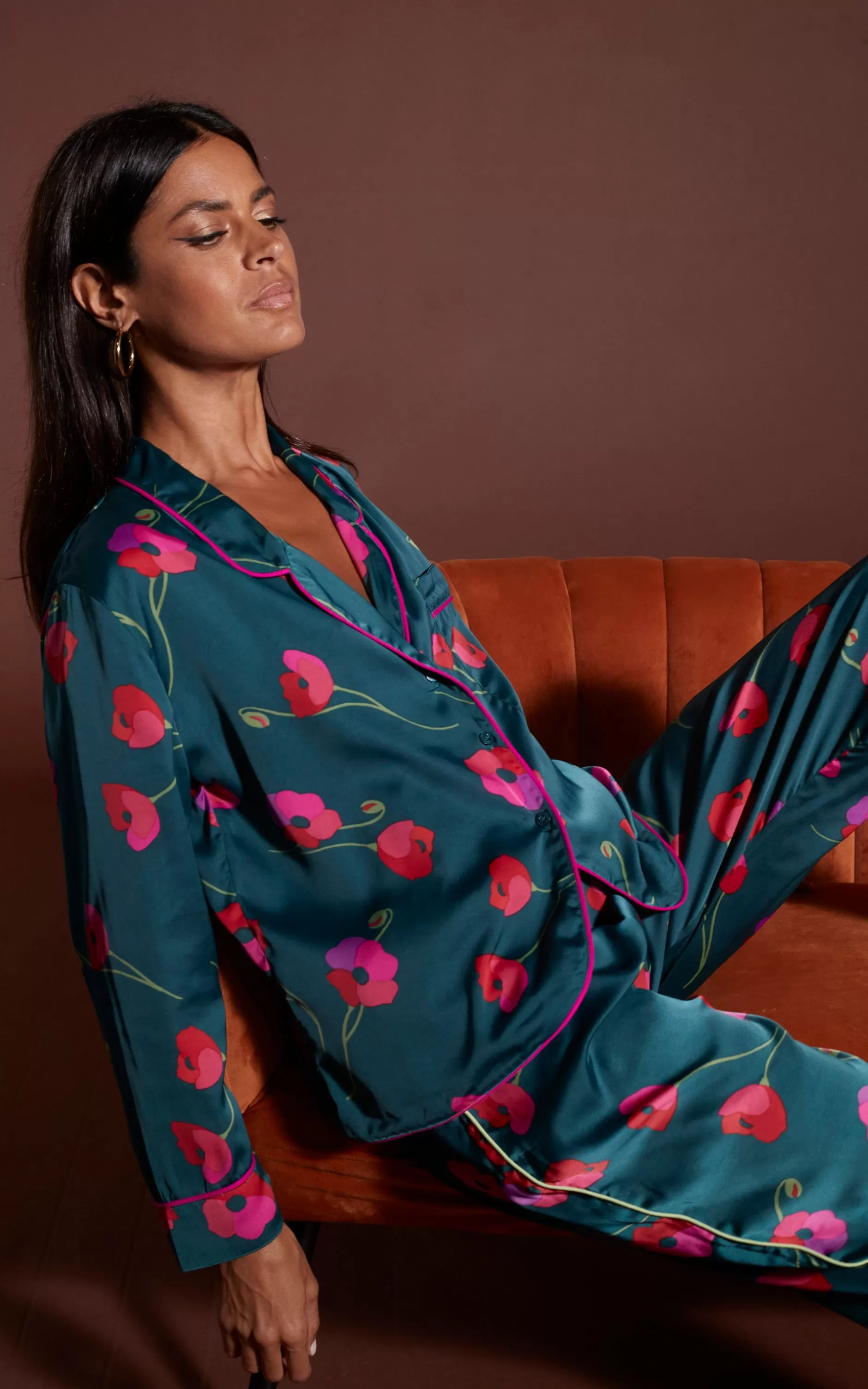 Dancing Leopard Cosmos Satin Long Leg Pj Set In Poppies On Dark Green>Women Pyjamas