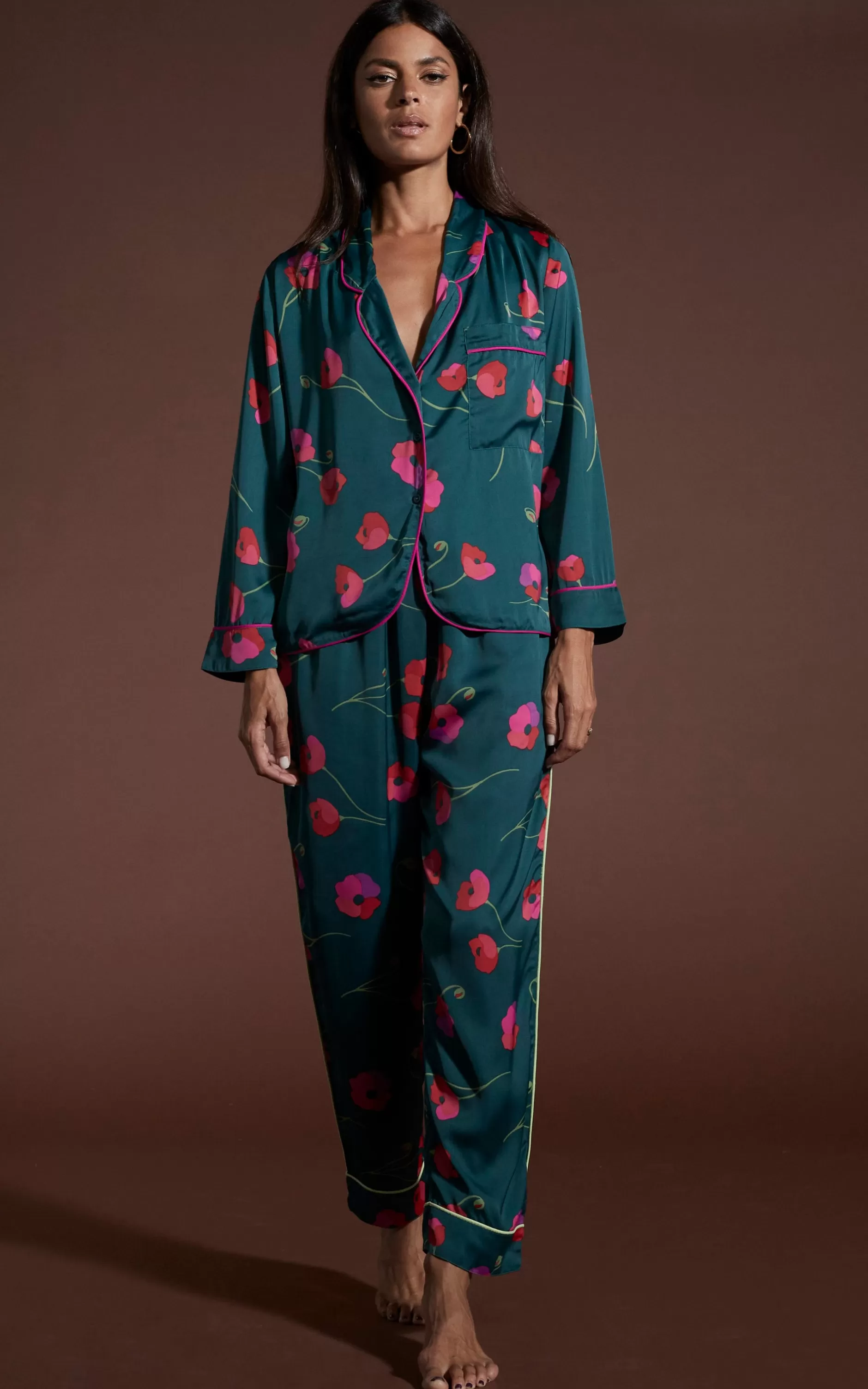 Dancing Leopard Cosmos Satin Long Leg Pj Set In Poppies On Dark Green>Women Pyjamas