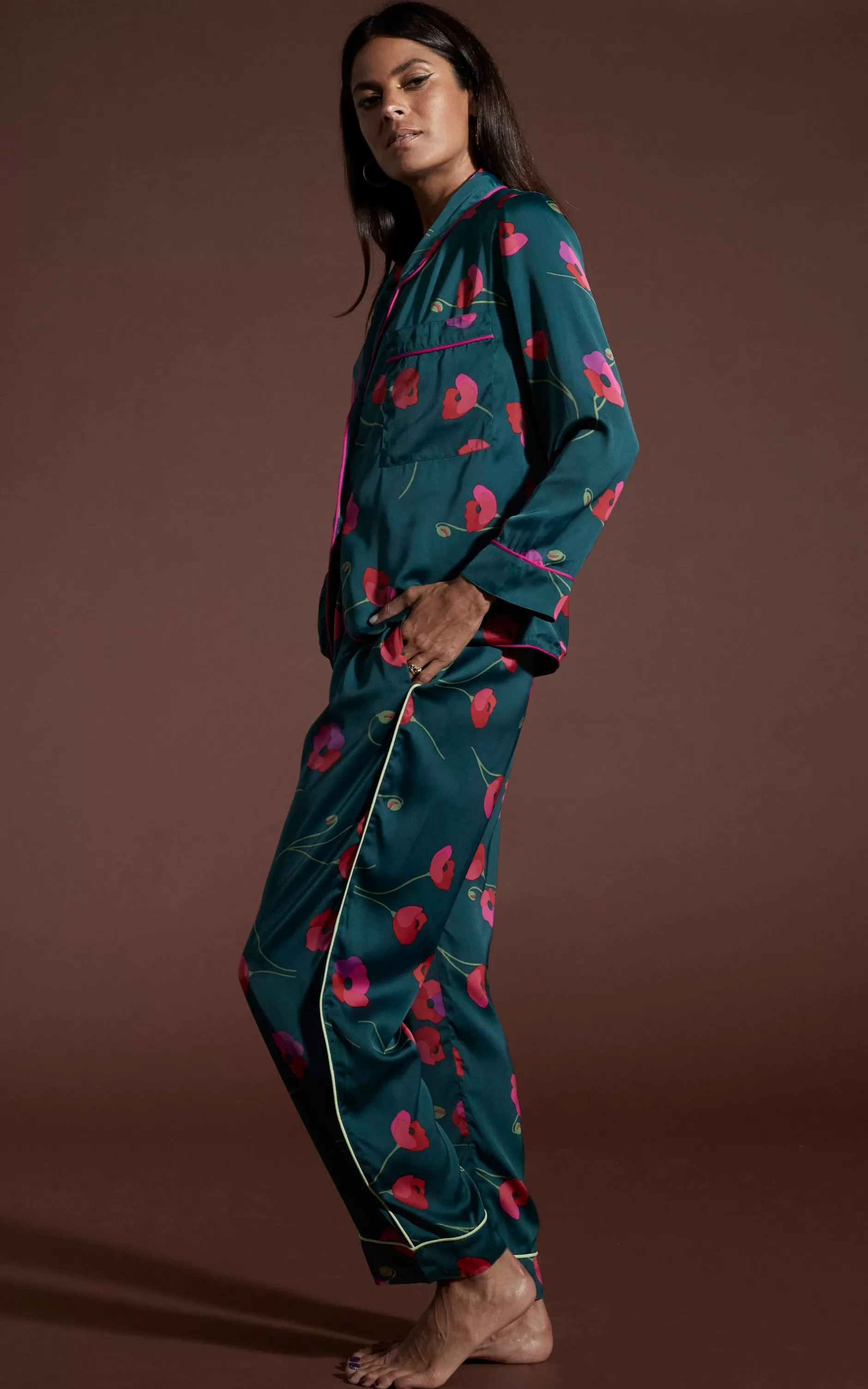 Dancing Leopard Cosmos Satin Long Leg Pj Set In Poppies On Dark Green>Women Pyjamas