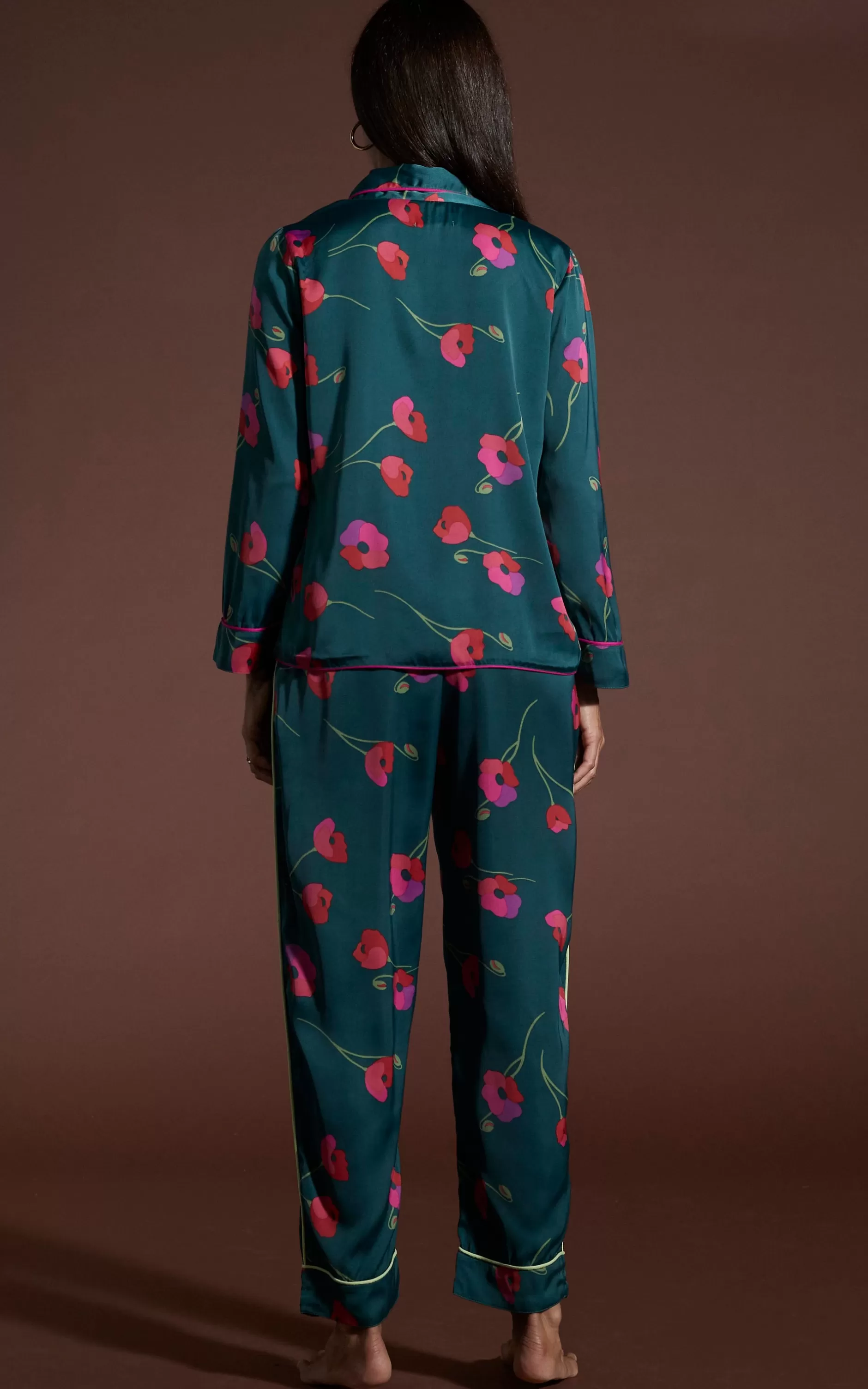Dancing Leopard Cosmos Satin Long Leg Pj Set In Poppies On Dark Green>Women Pyjamas