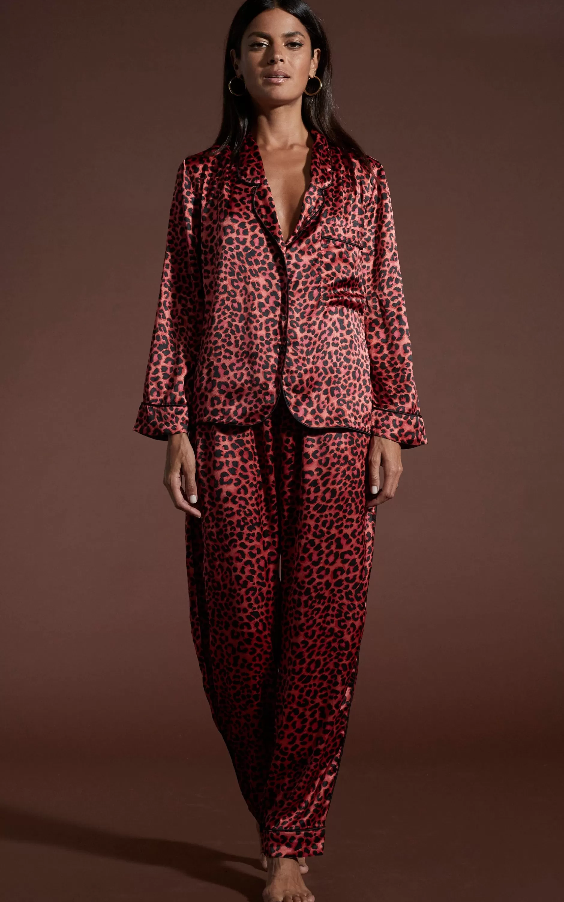 Dancing Leopard Cosmos Satin Long Leg Pj Set In Ruby Red Leopard>Women Pyjamas