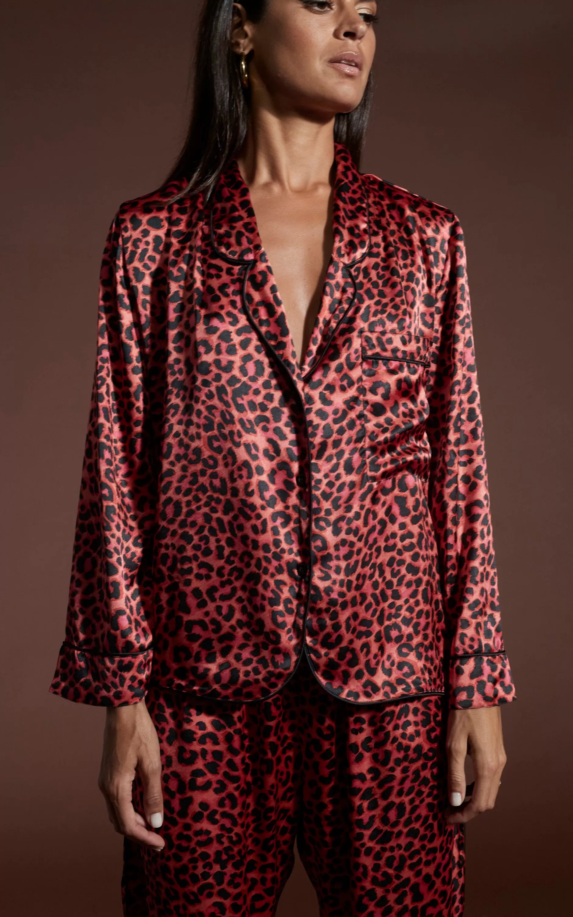 Dancing Leopard Cosmos Satin Long Leg Pj Set In Ruby Red Leopard>Women Pyjamas
