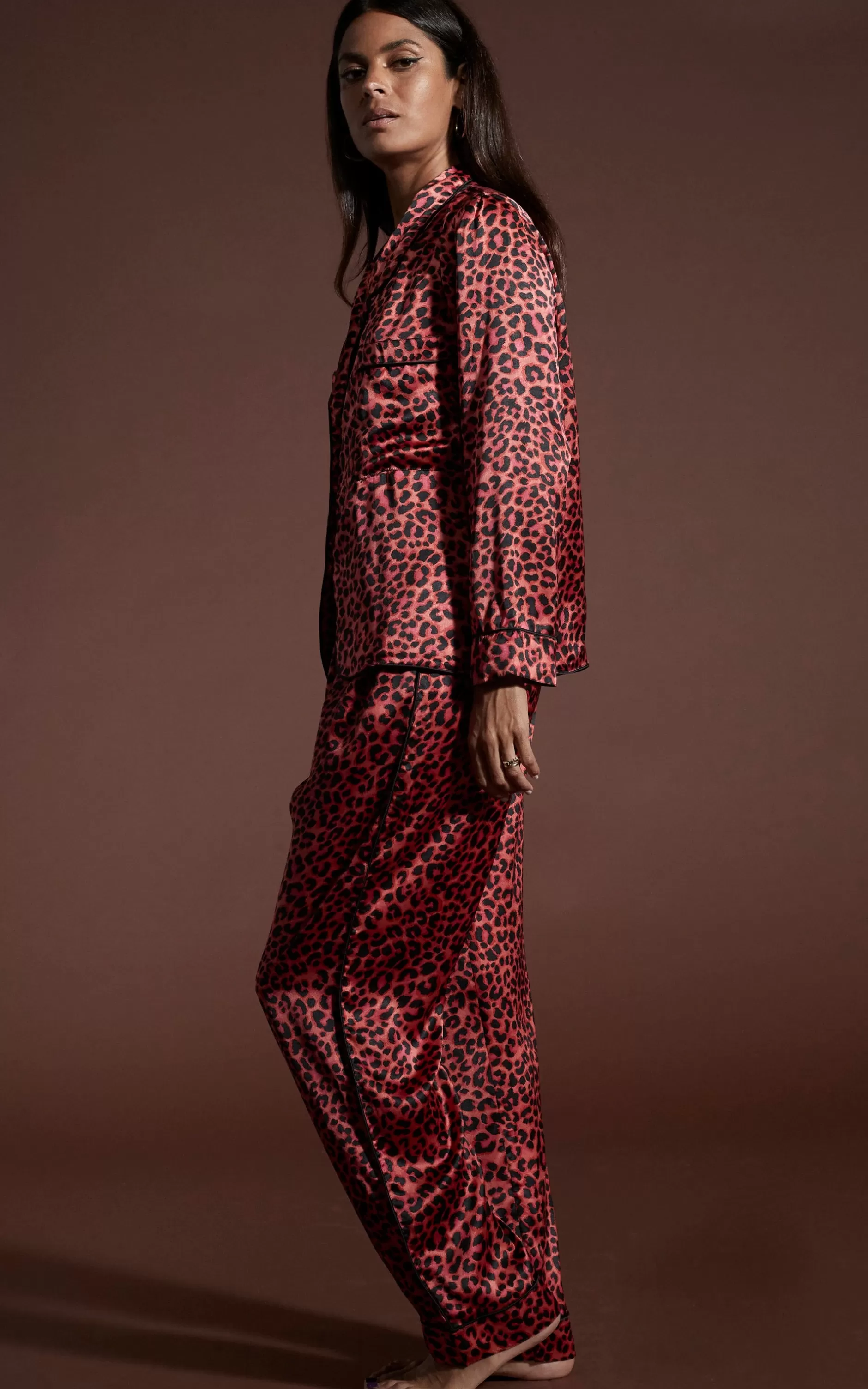 Dancing Leopard Cosmos Satin Long Leg Pj Set In Ruby Red Leopard>Women Pyjamas