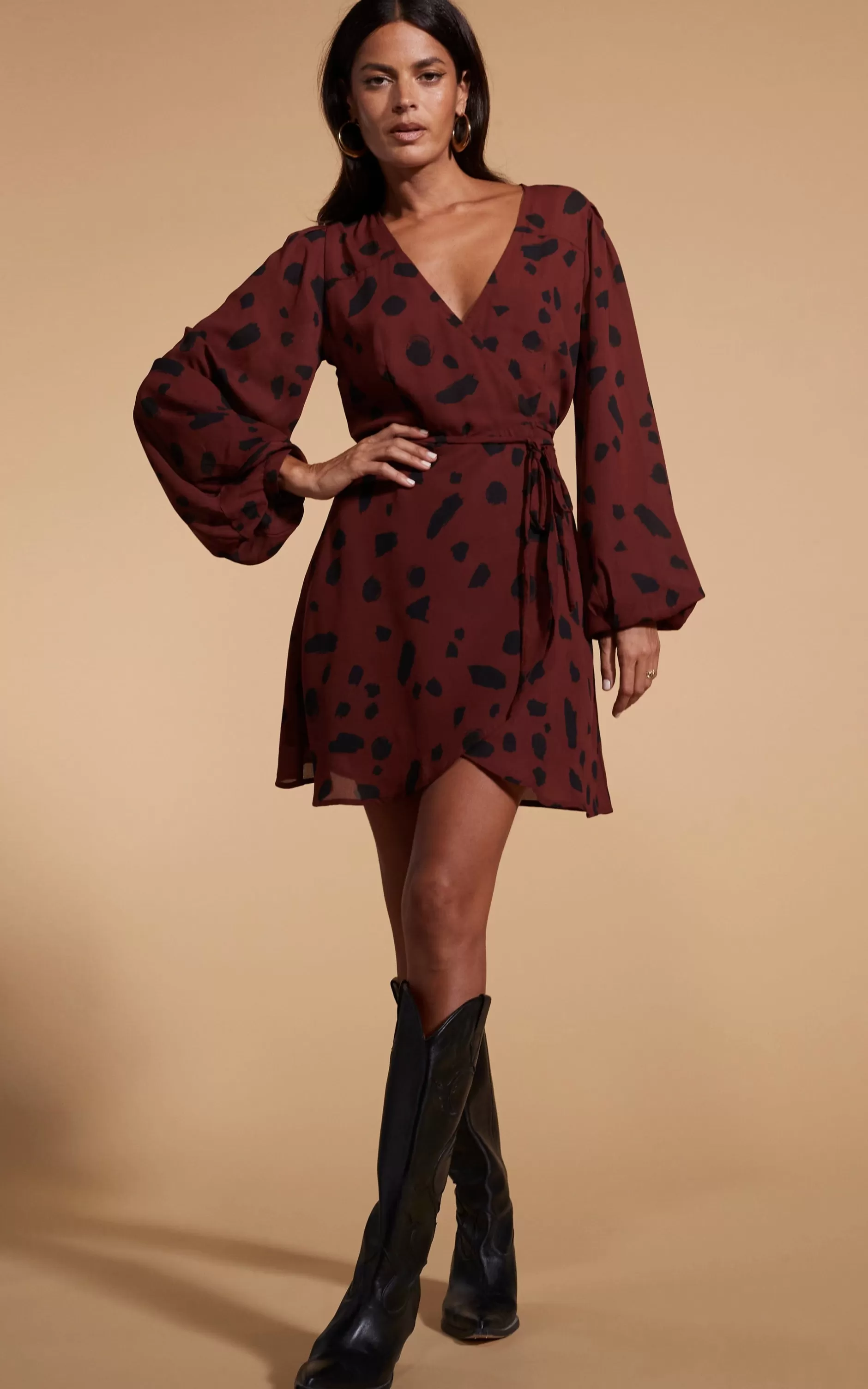 Dancing Leopard Ginger Mini Wrap Dress In Abstract Dot Black On Rust>Women Dresses