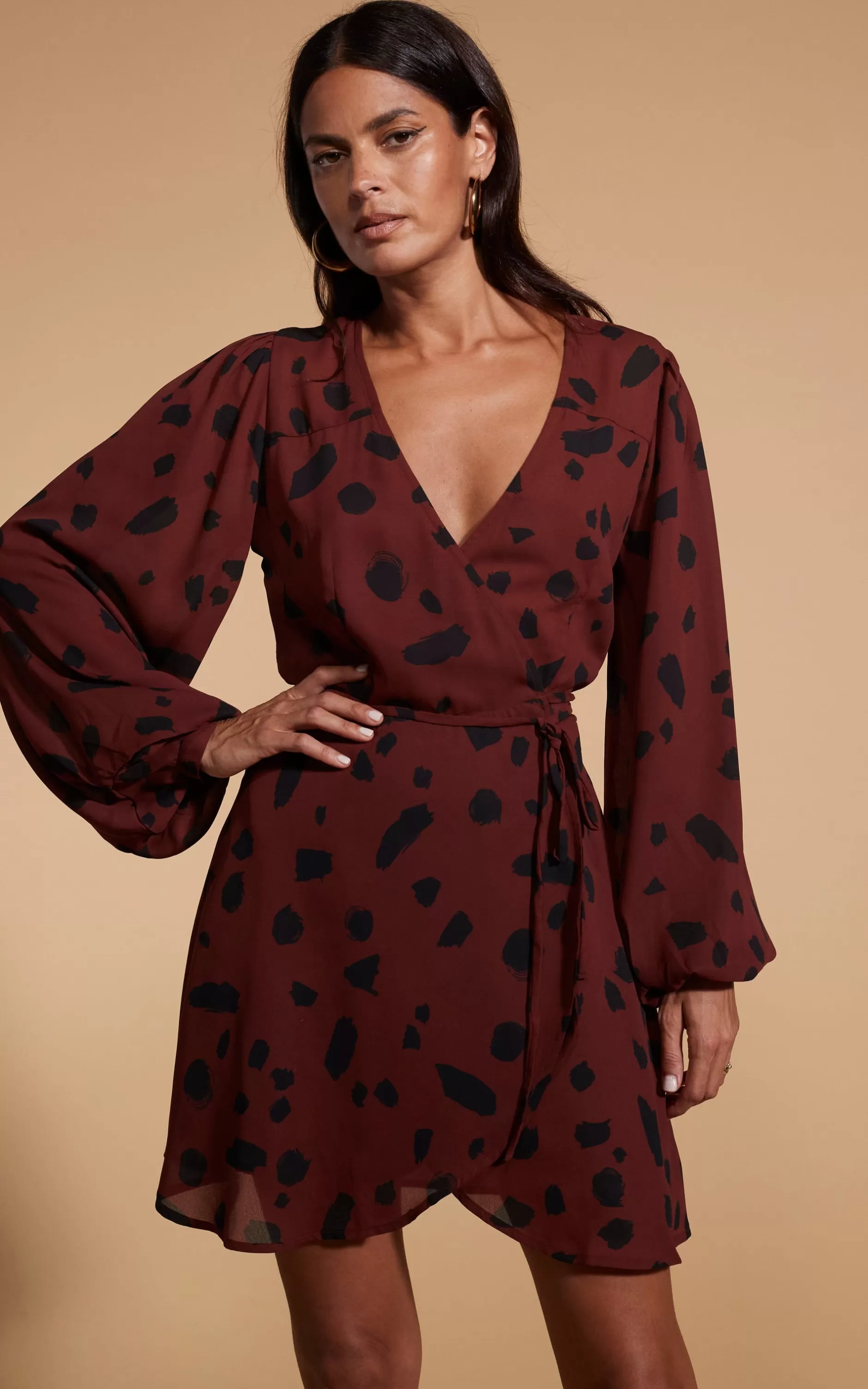 Dancing Leopard Ginger Mini Wrap Dress In Abstract Dot Black On Rust>Women Dresses