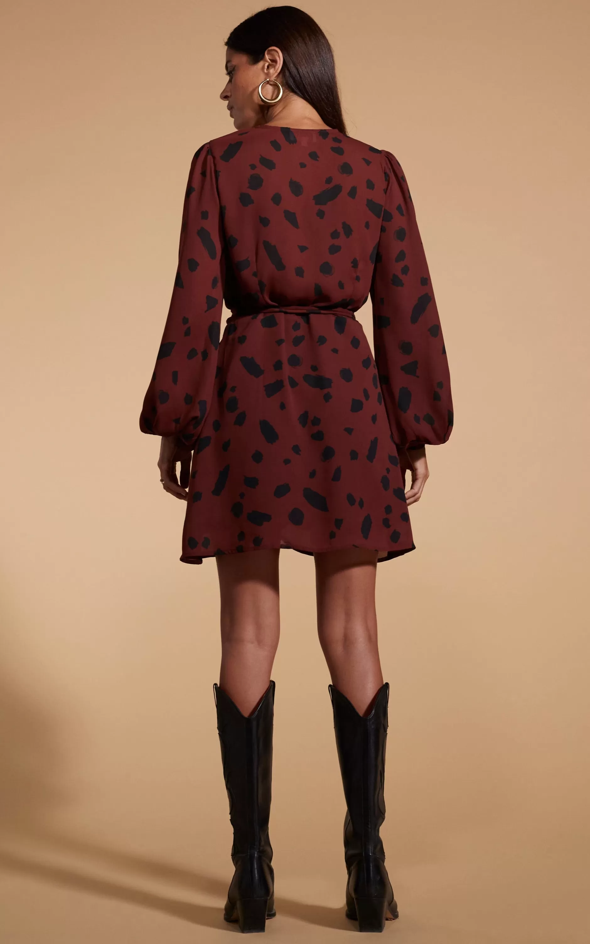 Dancing Leopard Ginger Mini Wrap Dress In Abstract Dot Black On Rust>Women Dresses