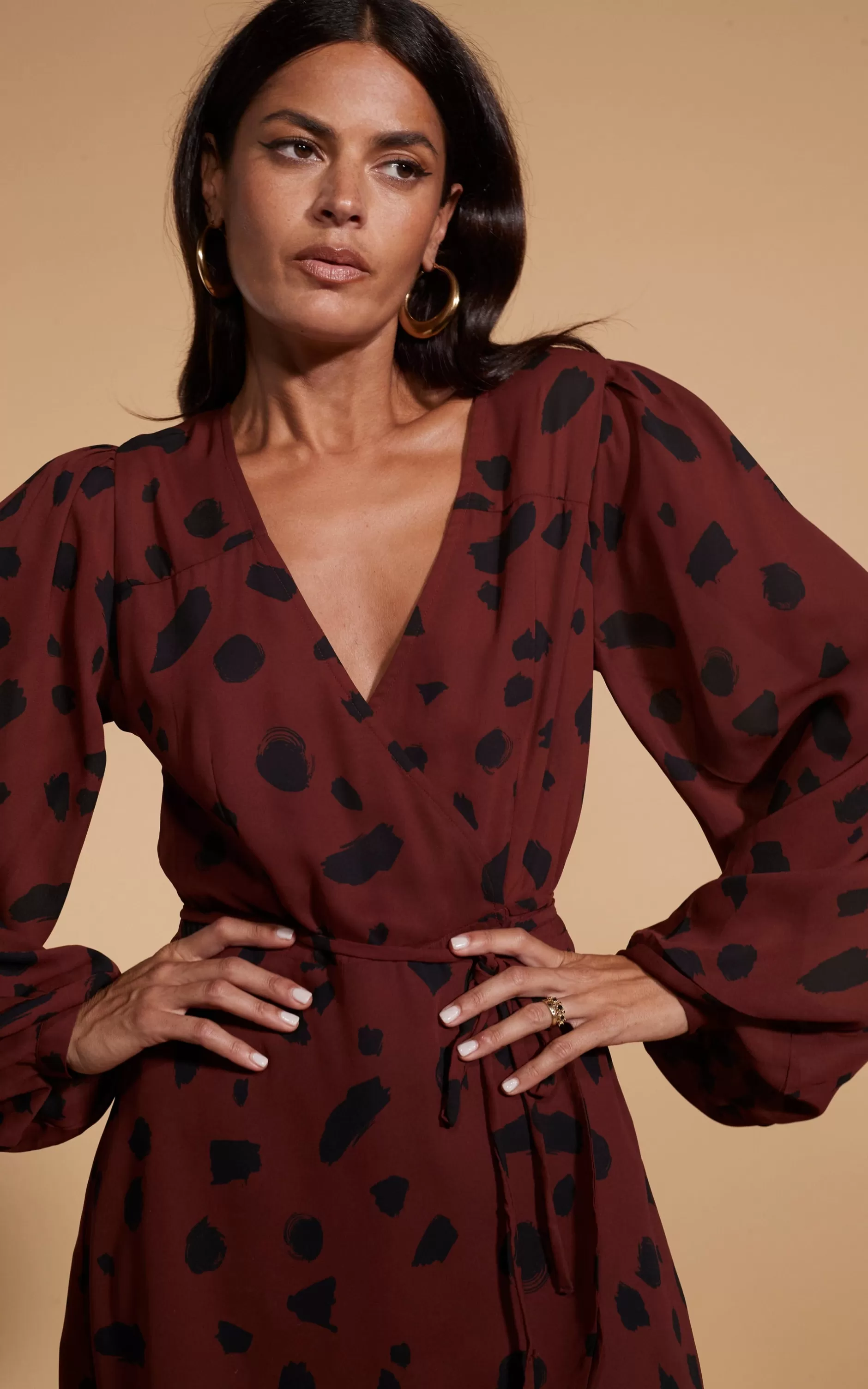 Dancing Leopard Ginger Mini Wrap Dress In Abstract Dot Black On Rust>Women Dresses
