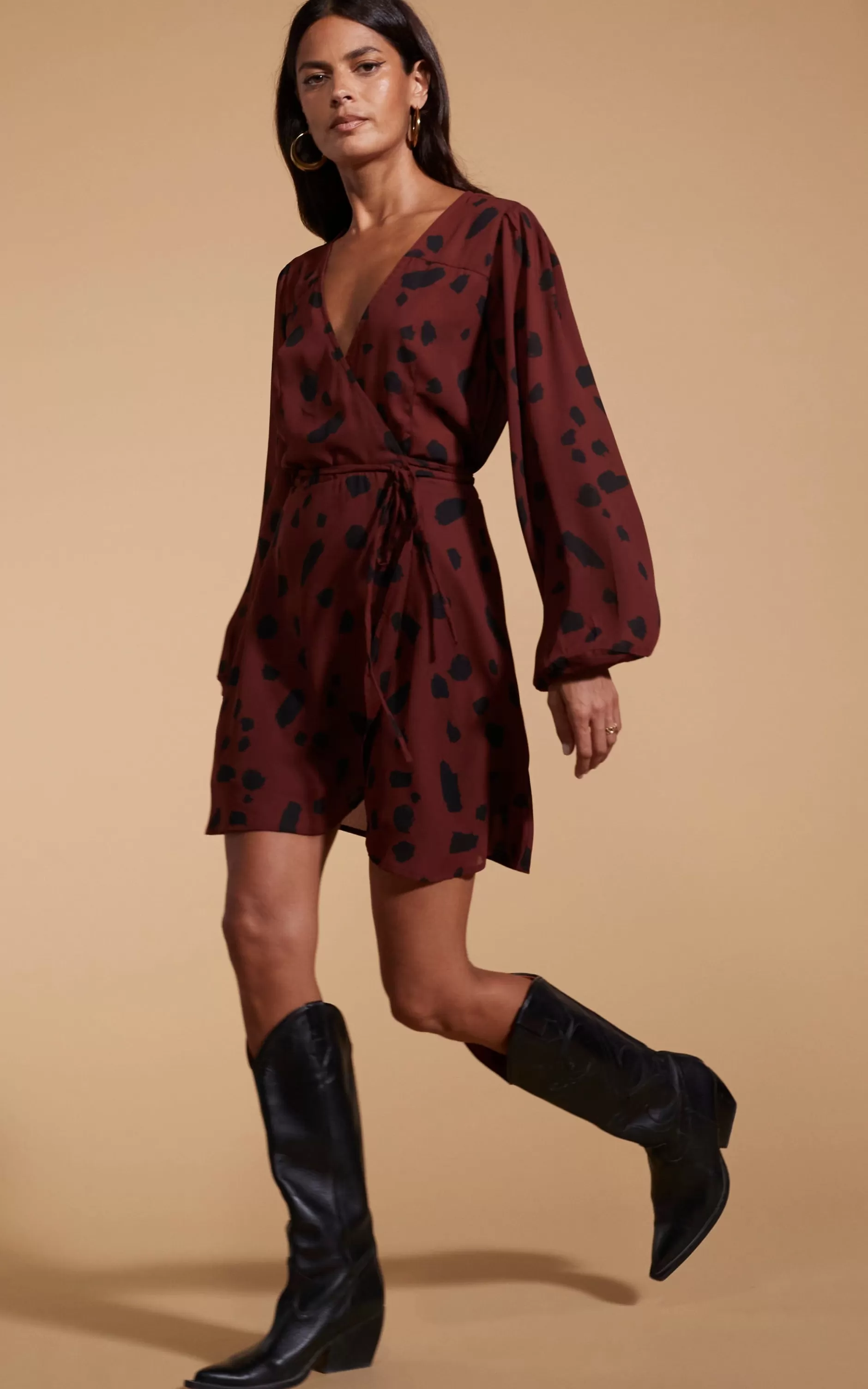 Dancing Leopard Ginger Mini Wrap Dress In Abstract Dot Black On Rust>Women Dresses