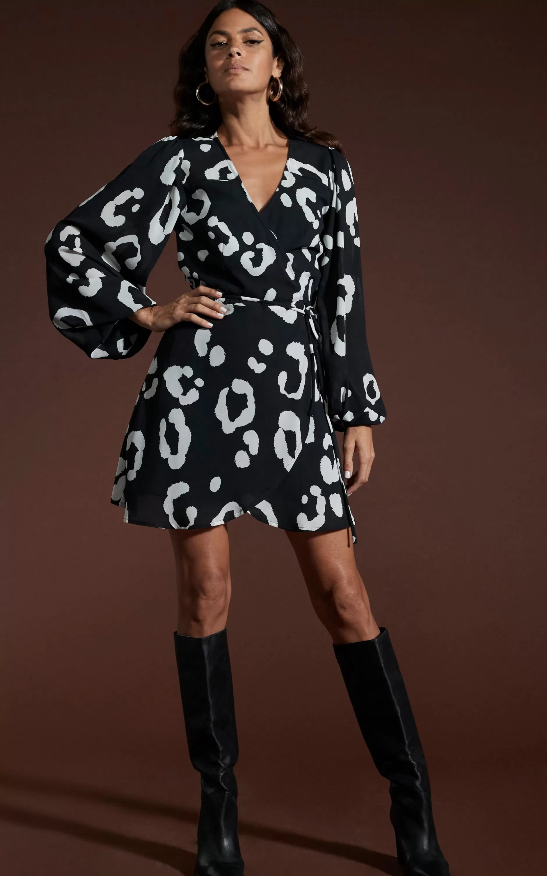 Dancing Leopard Ginger Mini Wrap Dress In Oversized Mono Leopard>Women Dresses