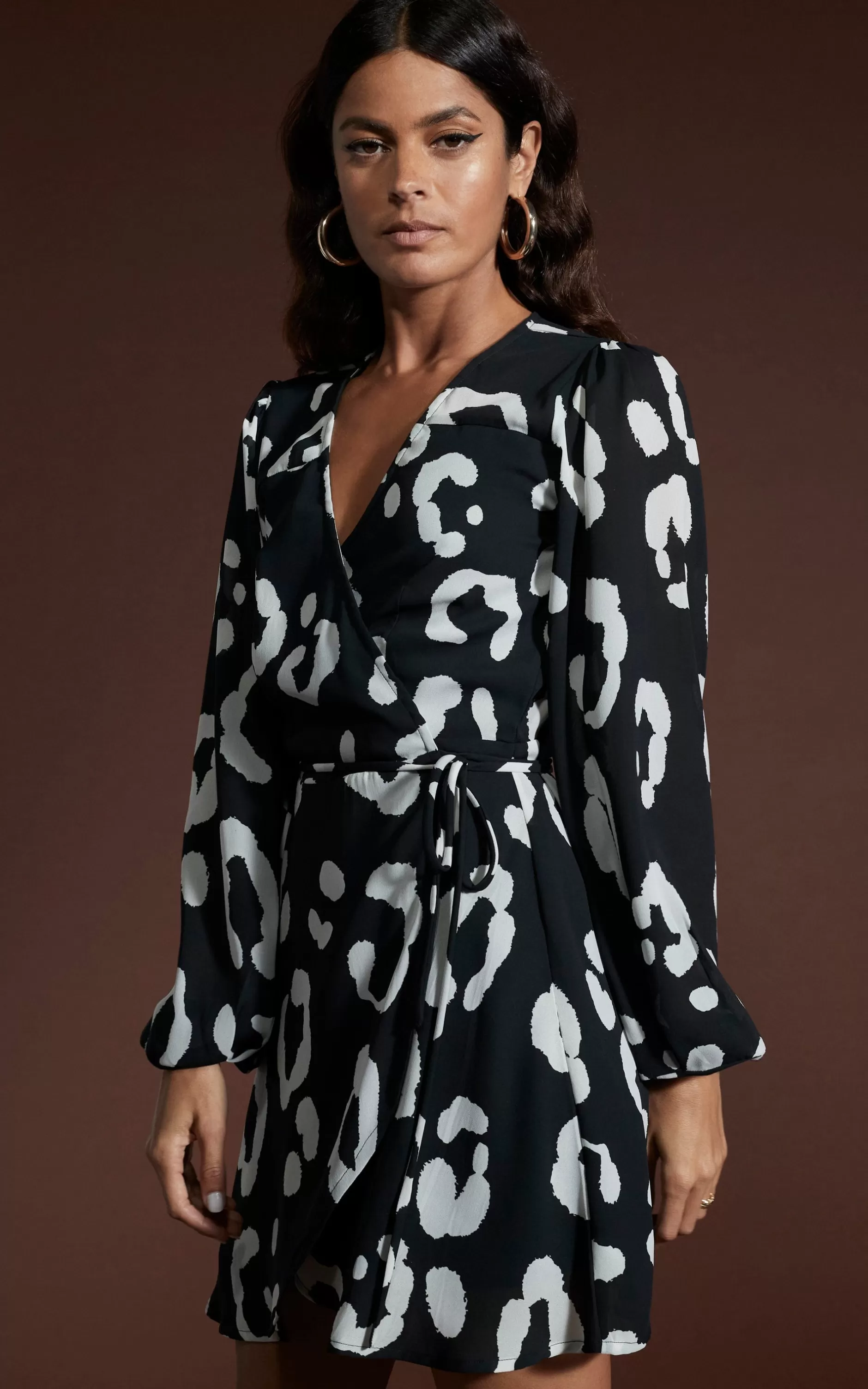 Dancing Leopard Ginger Mini Wrap Dress In Oversized Mono Leopard>Women Dresses