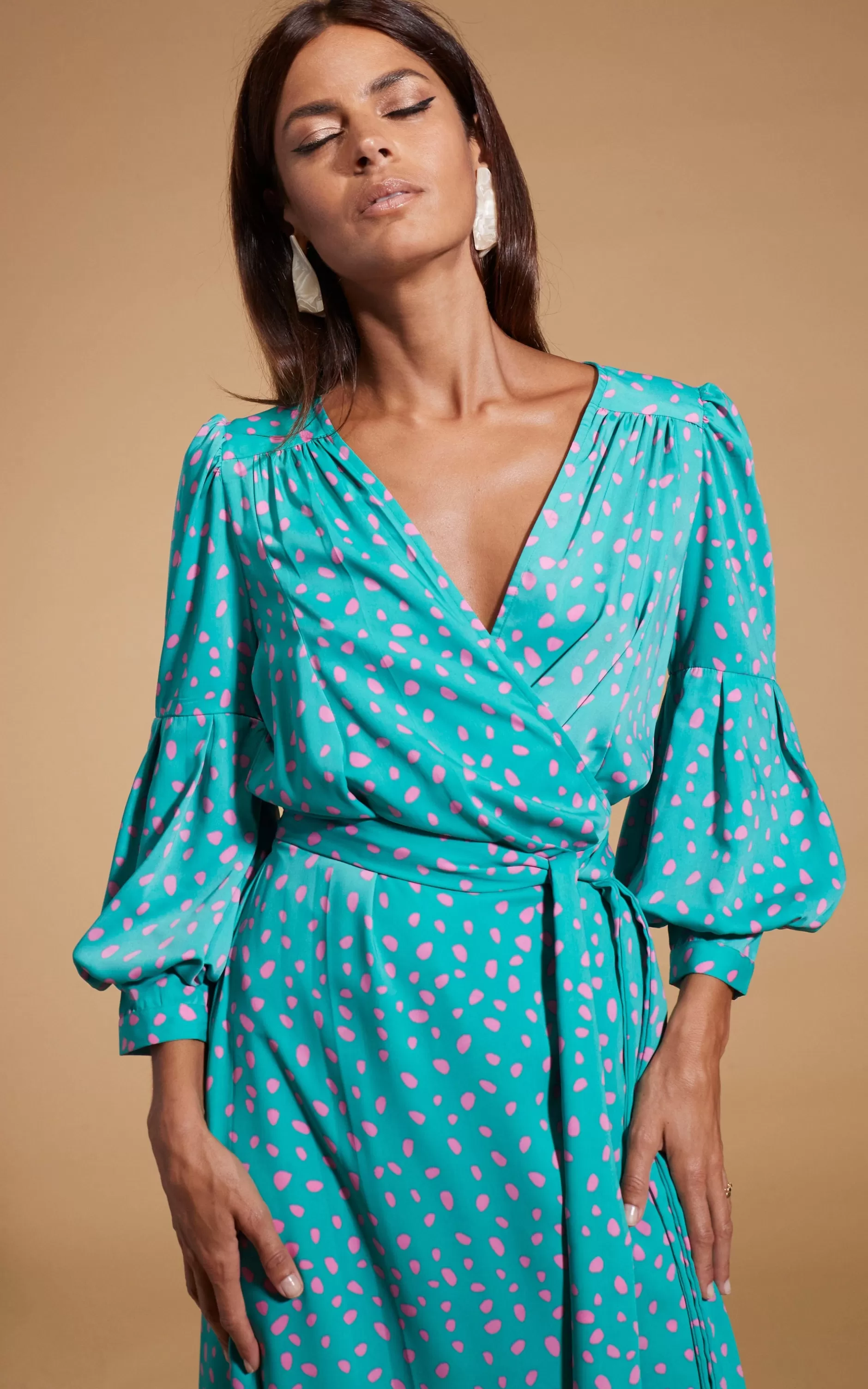 Dancing Leopard Havannah Maxi Wrap Dress In Abstract Pink On Sea Green>Women Dresses