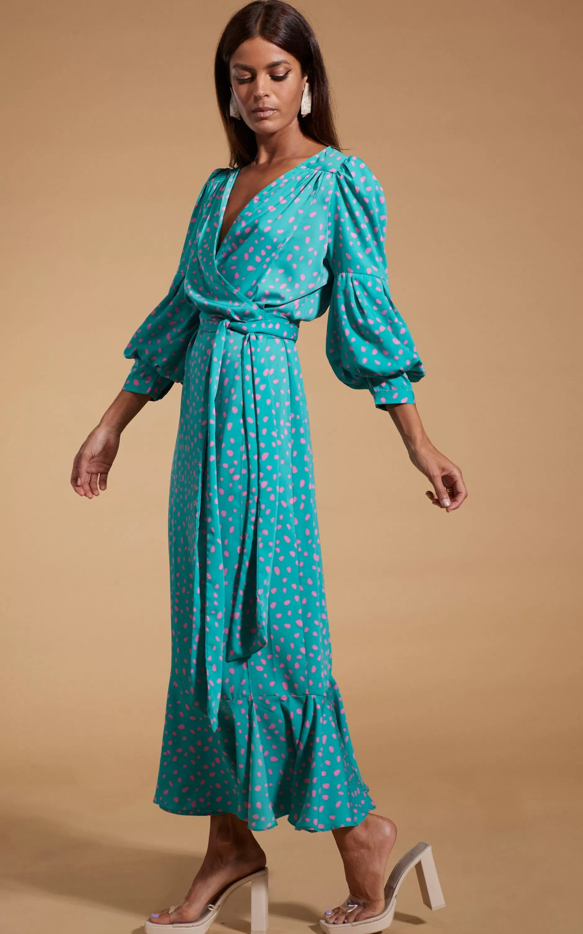 Dancing Leopard Havannah Maxi Wrap Dress In Abstract Pink On Sea Green>Women Dresses