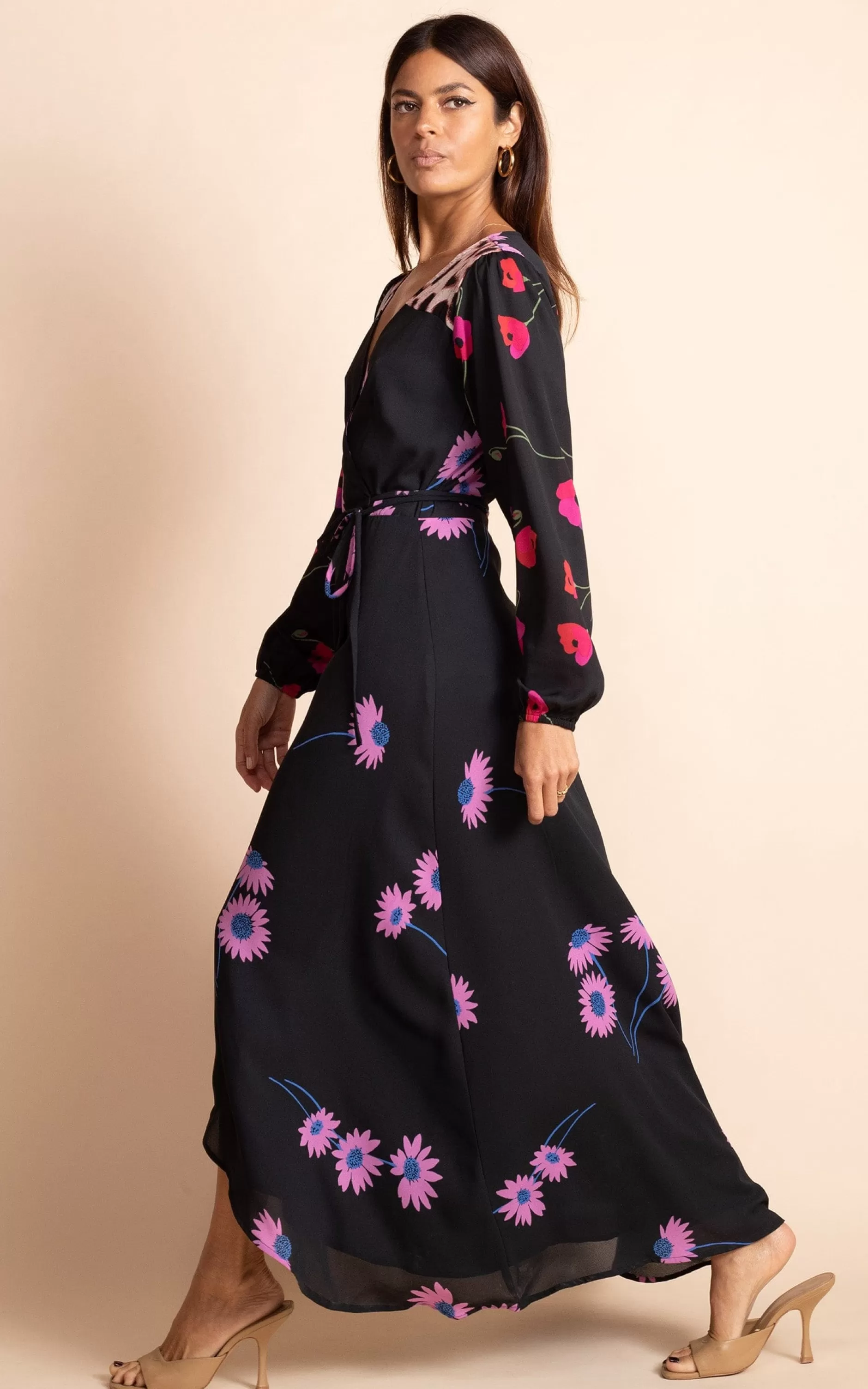 Dancing Leopard Jagger Maxi Wrap Dress In Pink Daisy On Black Mix>Women Dresses