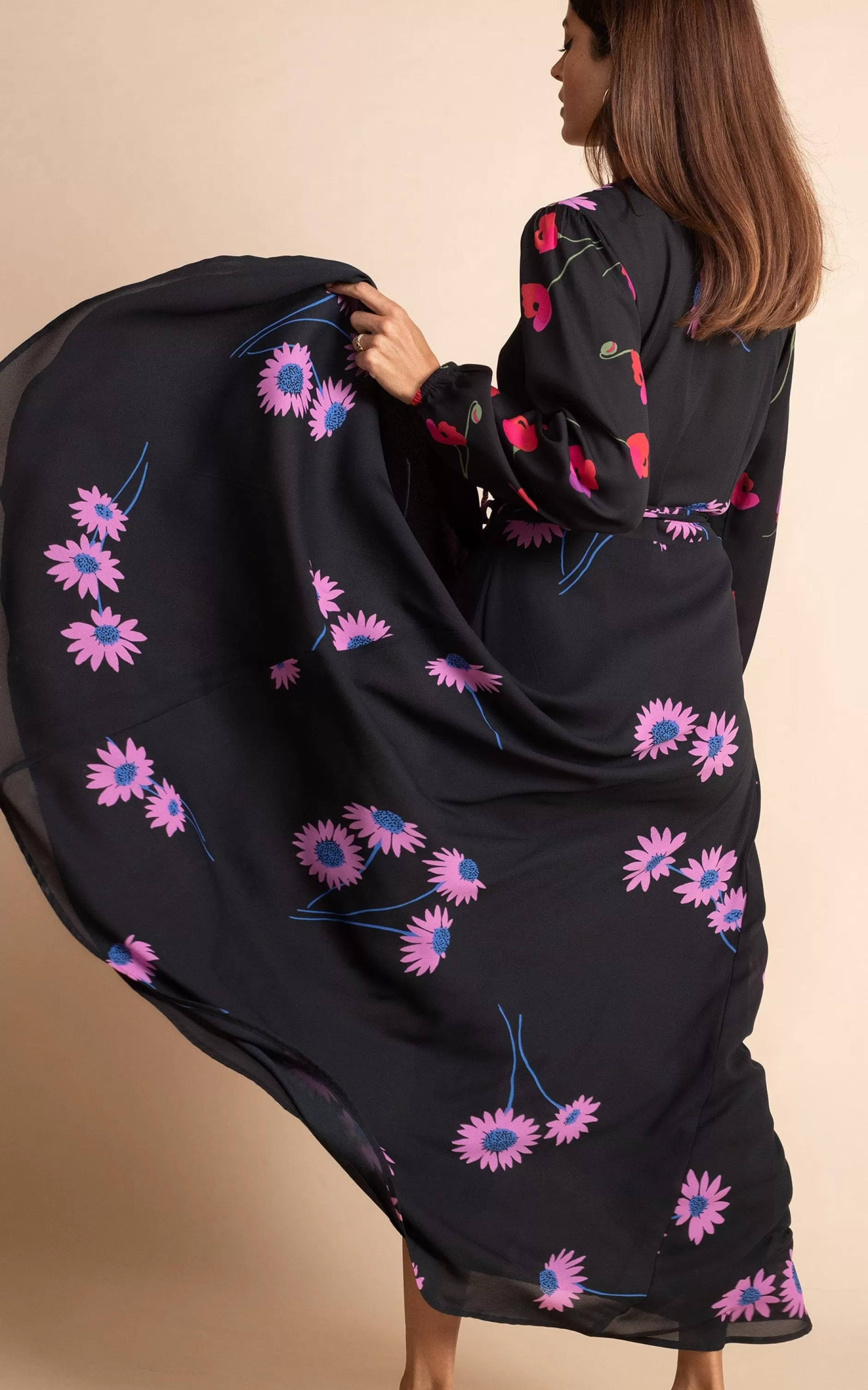 Dancing Leopard Jagger Maxi Wrap Dress In Pink Daisy On Black Mix>Women Dresses