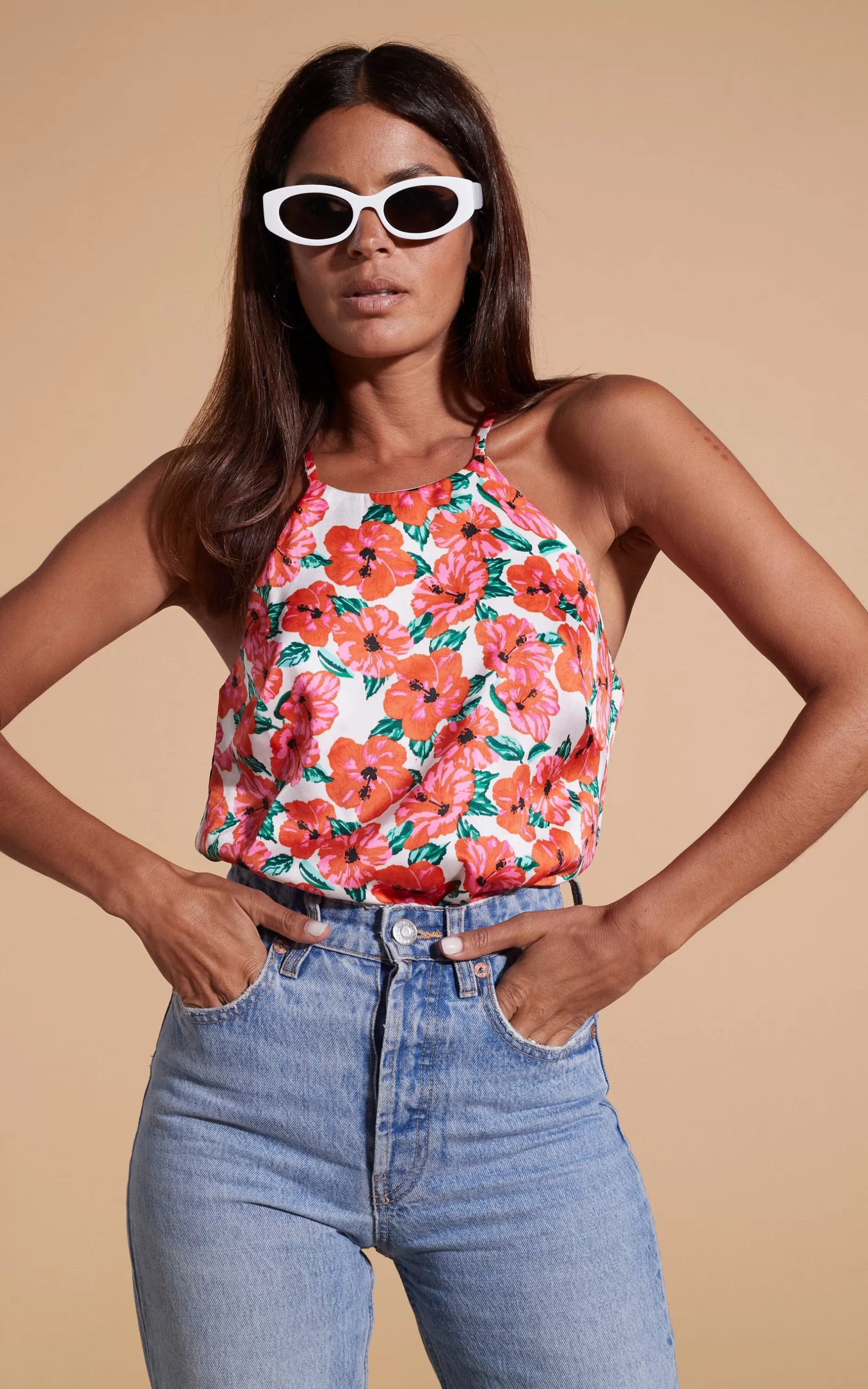 Dancing Leopard Nina Halter Cami Top In Hibiscus Red Orange On White>Women Tops
