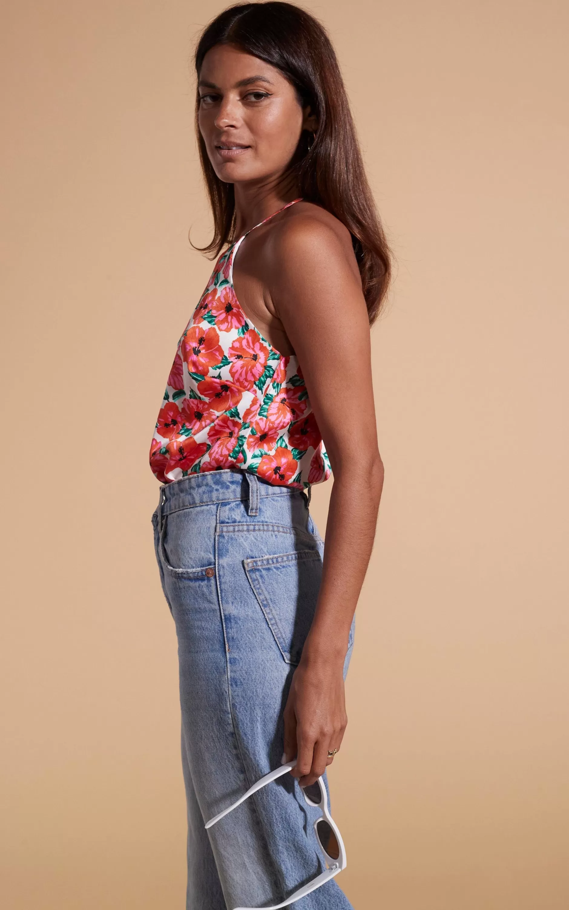 Dancing Leopard Nina Halter Cami Top In Hibiscus Red Orange On White>Women Tops