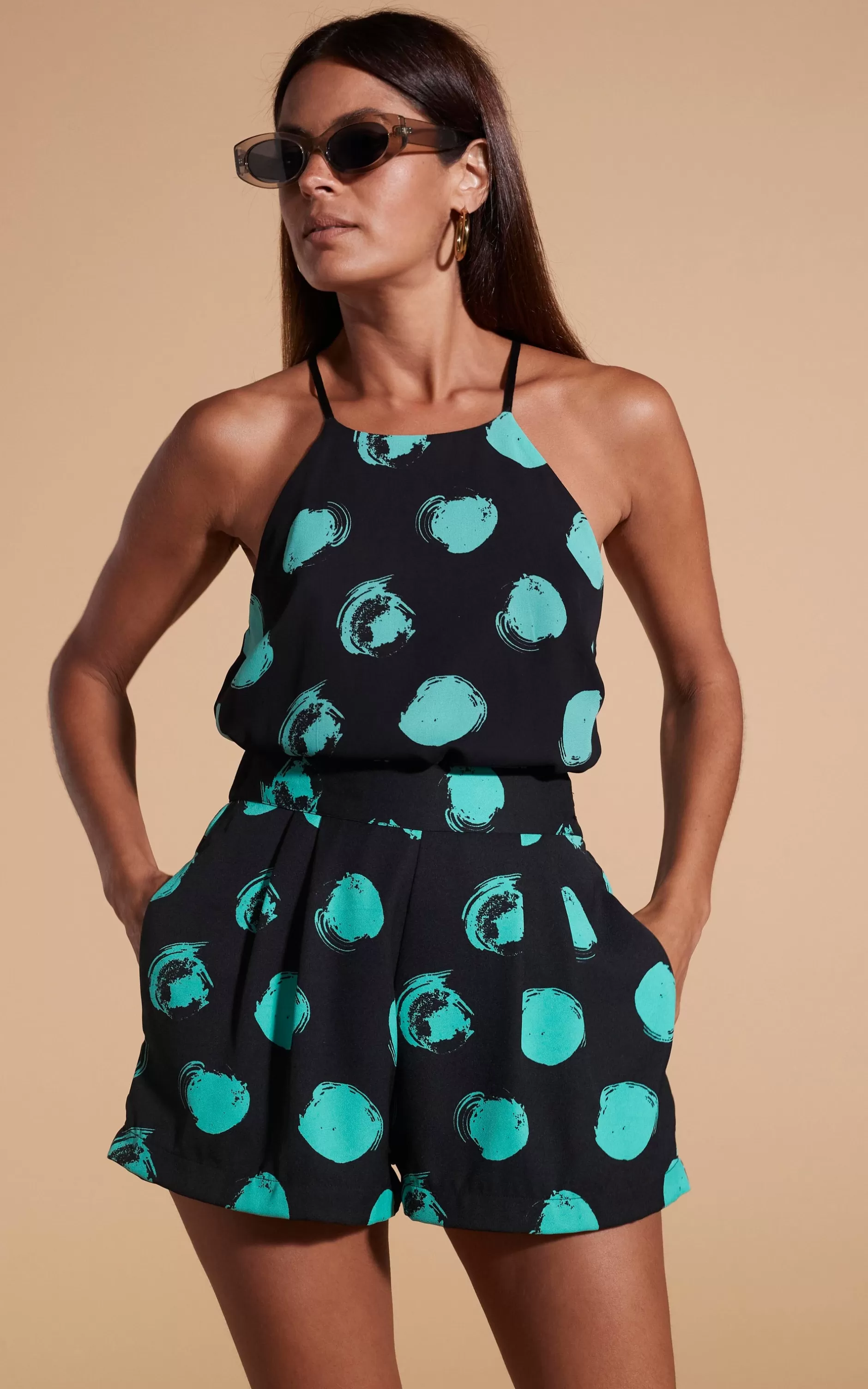 Dancing Leopard Nina Halter Cami Top In Large Dot Green On Black>Women Tops