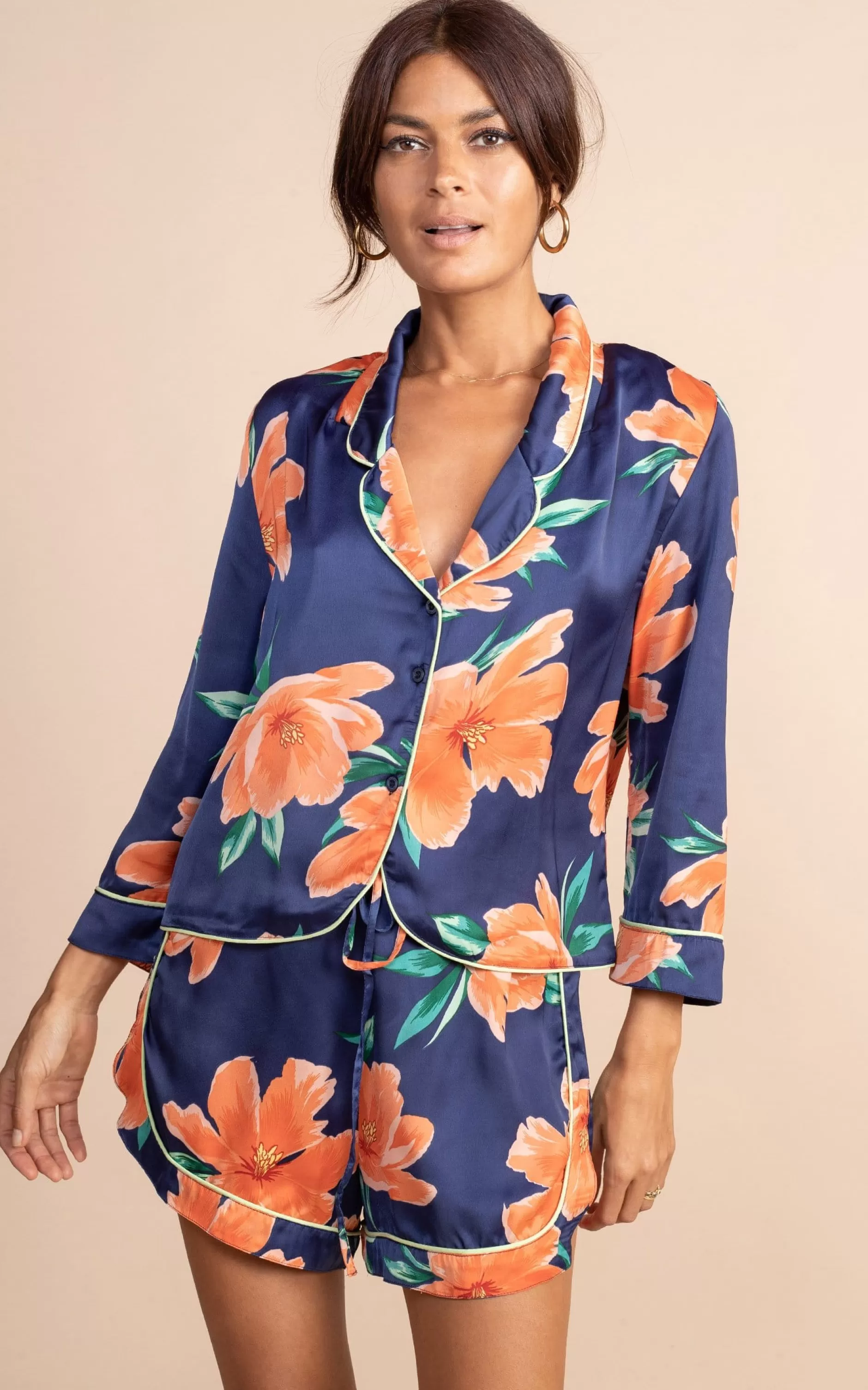 Dancing Leopard Oona Shortie Pj Set In Orange On Navy Tulip>Women Pyjamas