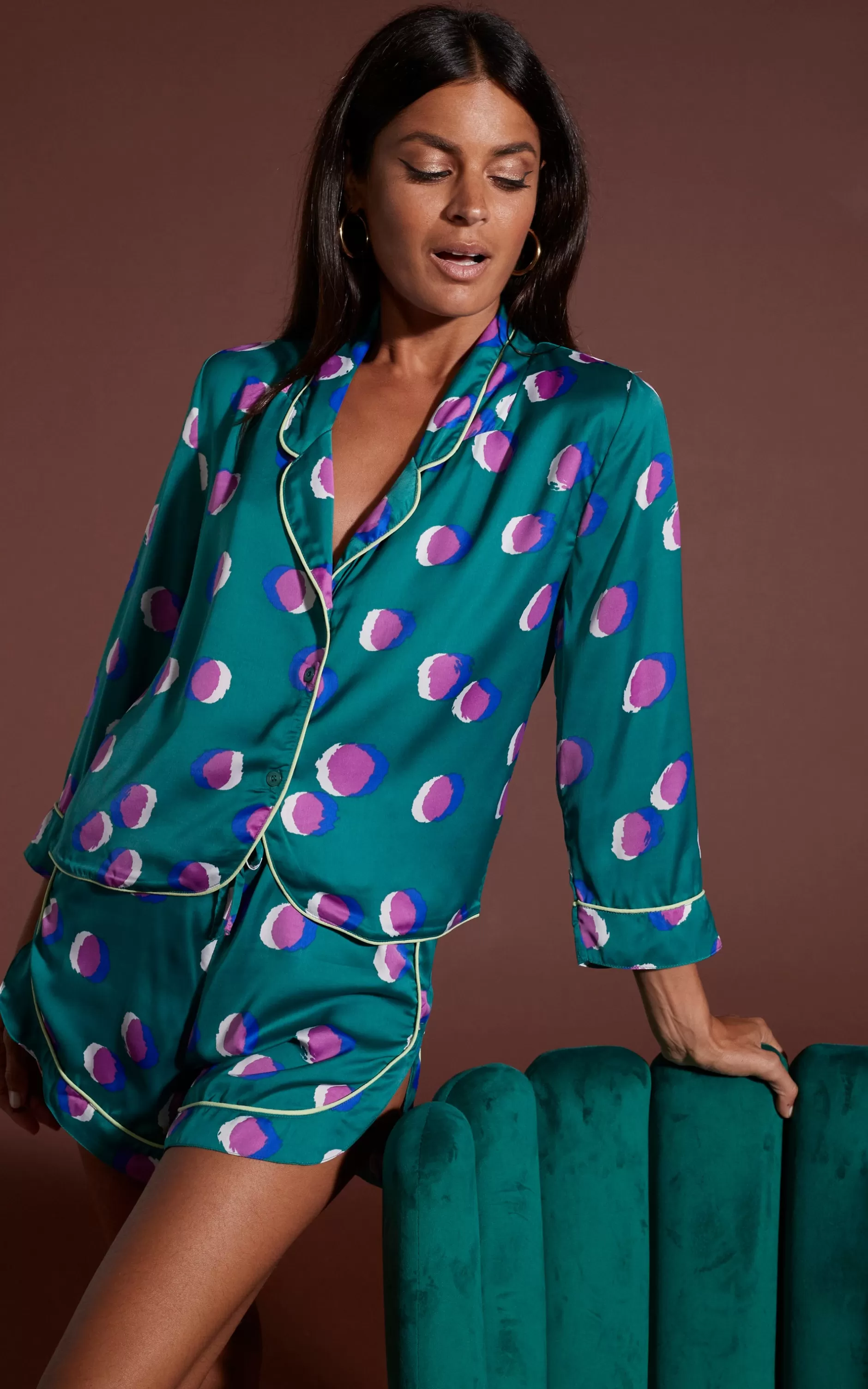 Dancing Leopard Oona Shortie Pj Set In Polka Dot Purple On Green>Women Pyjamas