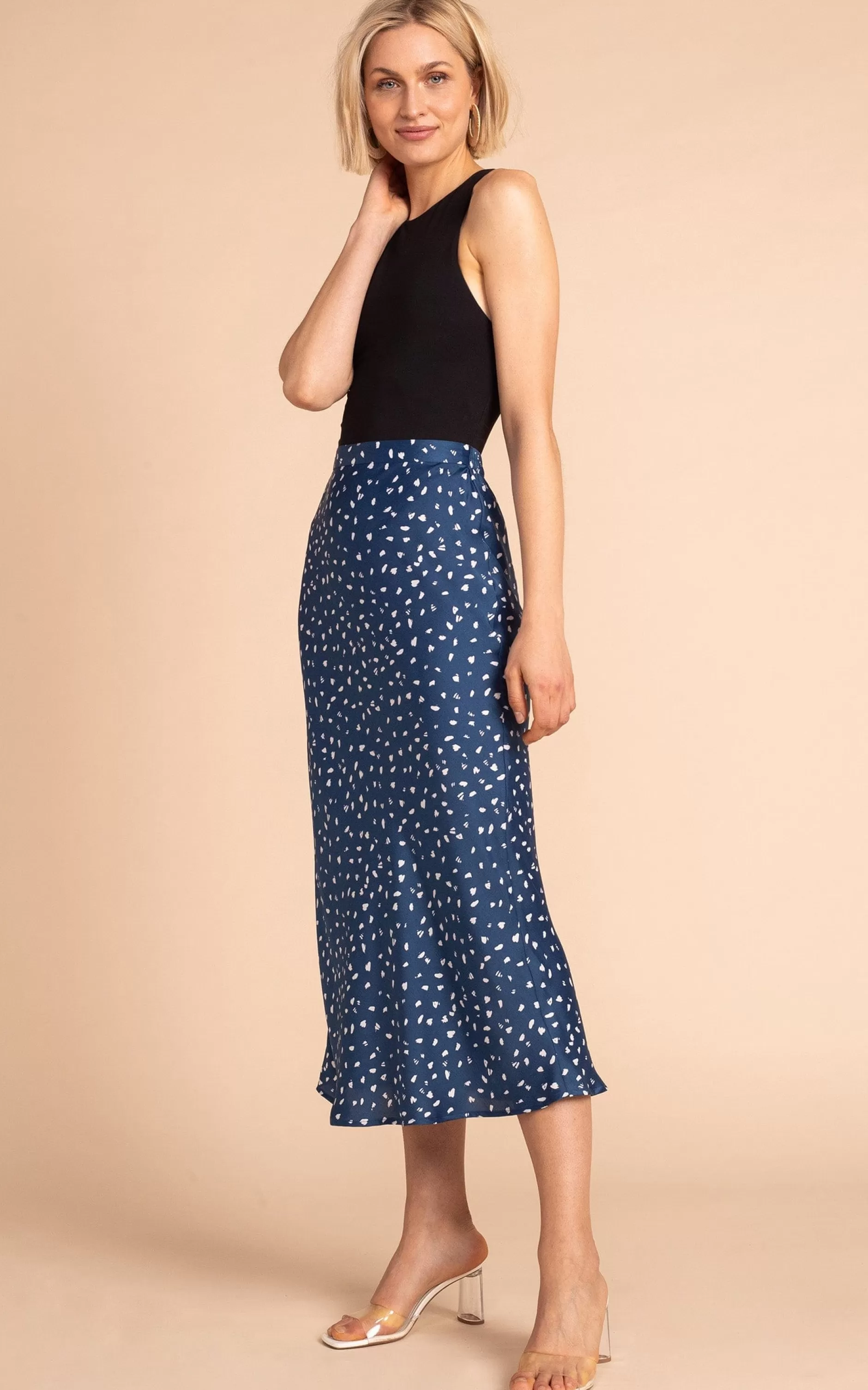 Dancing Leopard Renzo Satin Midi Slip Skirt In Abstract White On Navy>Women Skirts