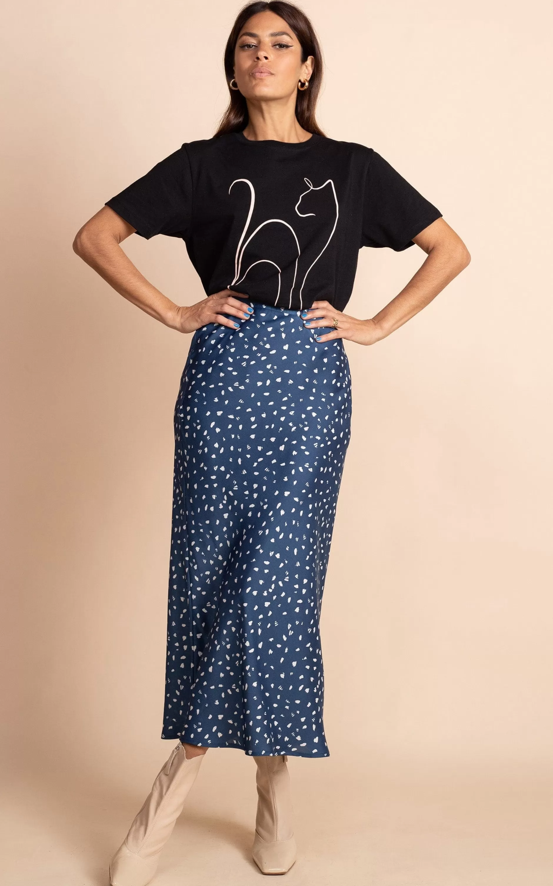 Dancing Leopard Renzo Satin Midi Slip Skirt In Abstract White On Navy>Women Skirts