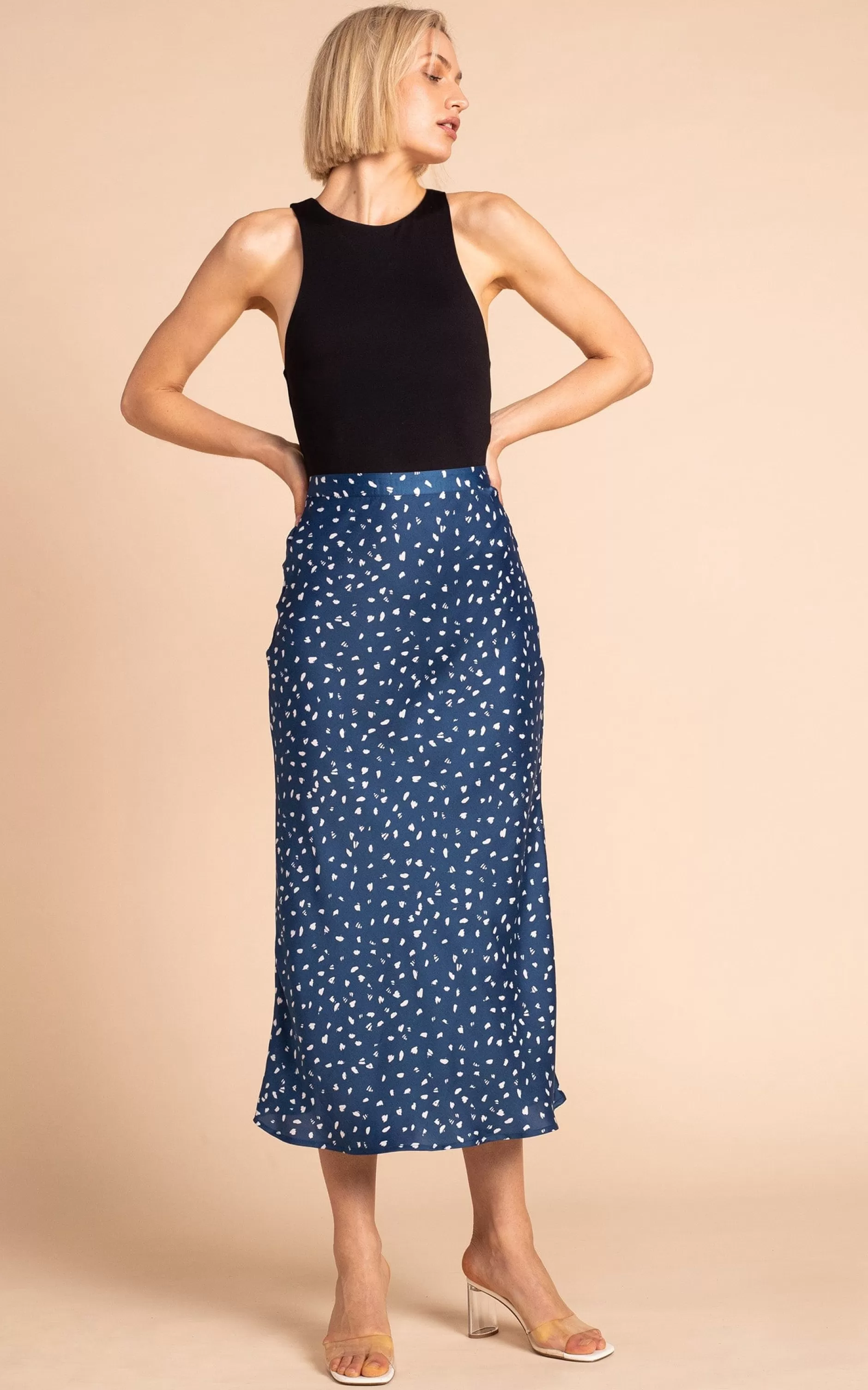 Dancing Leopard Renzo Satin Midi Slip Skirt In Abstract White On Navy>Women Skirts